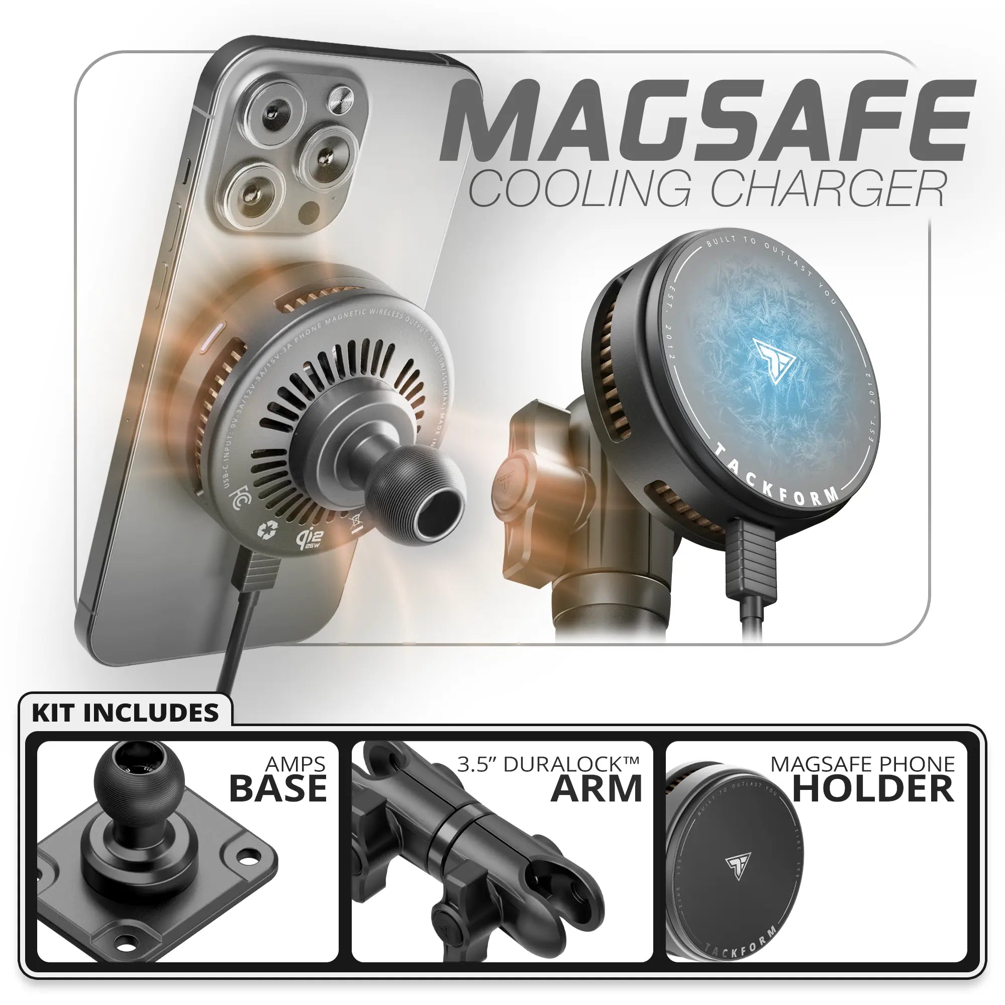 Qi2.2/MagSafe Charging & Cooling Phone Holder | TRAXX™ - Fast AMPS Base | 3.5" DuraLock Arm