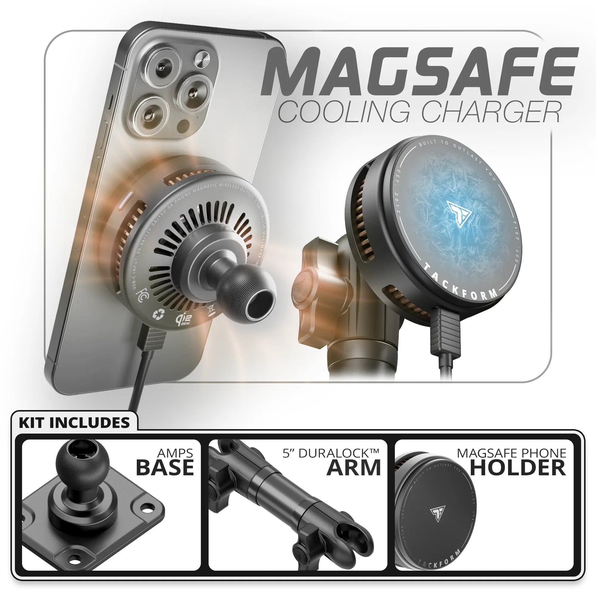 Qi2.2/MagSafe Charging & Cooling Phone Holder  | TRAXX™ - Fast AMPS Base | 5" DuraLock Arm