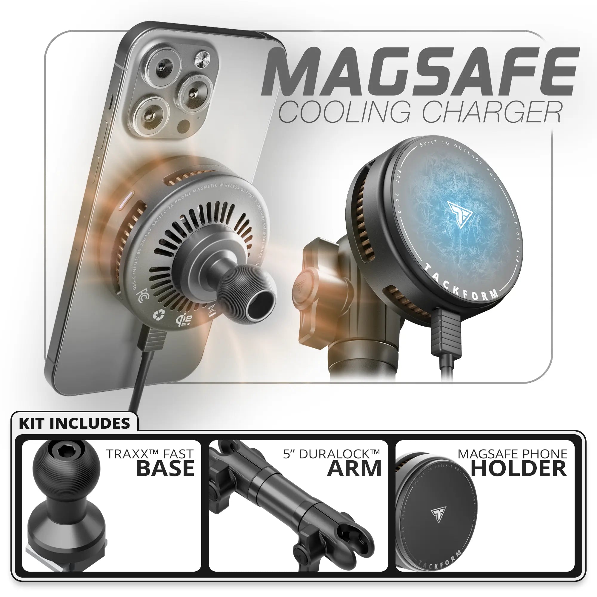 Qi2.2/MagSafe Charging & Cooling Phone Holder | TRAXX™ - Fast Track Base | 5" DuraLock™ Arm