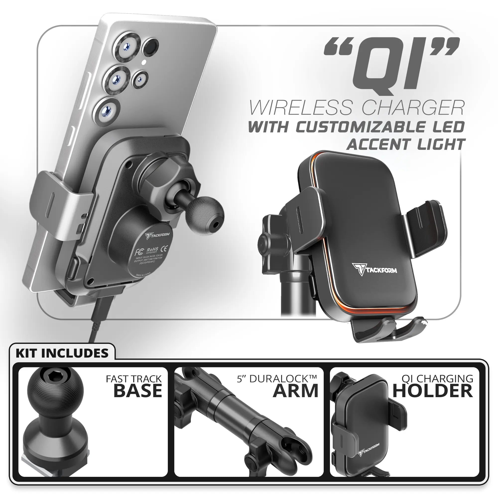 Qi Wireless Charging Phone Holder with Customizable LED Accent Lighting | TRAXX™ - Fast Track Base | 5" DuraLock Arm