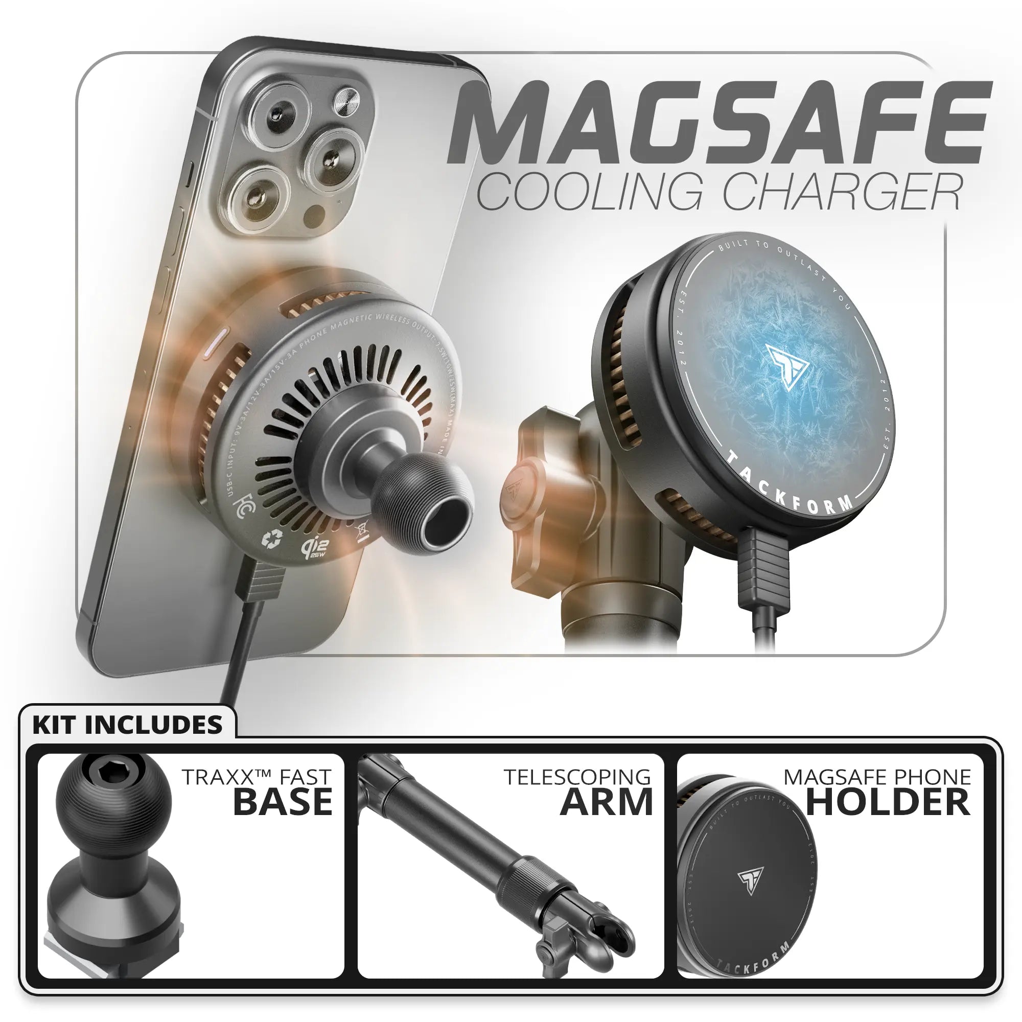 Qi2.2/MagSafe Charging & Cooling Phone Holder | TRAXX™ - Fast Track Base | 7.5"-9.25" Telescoping Arm
