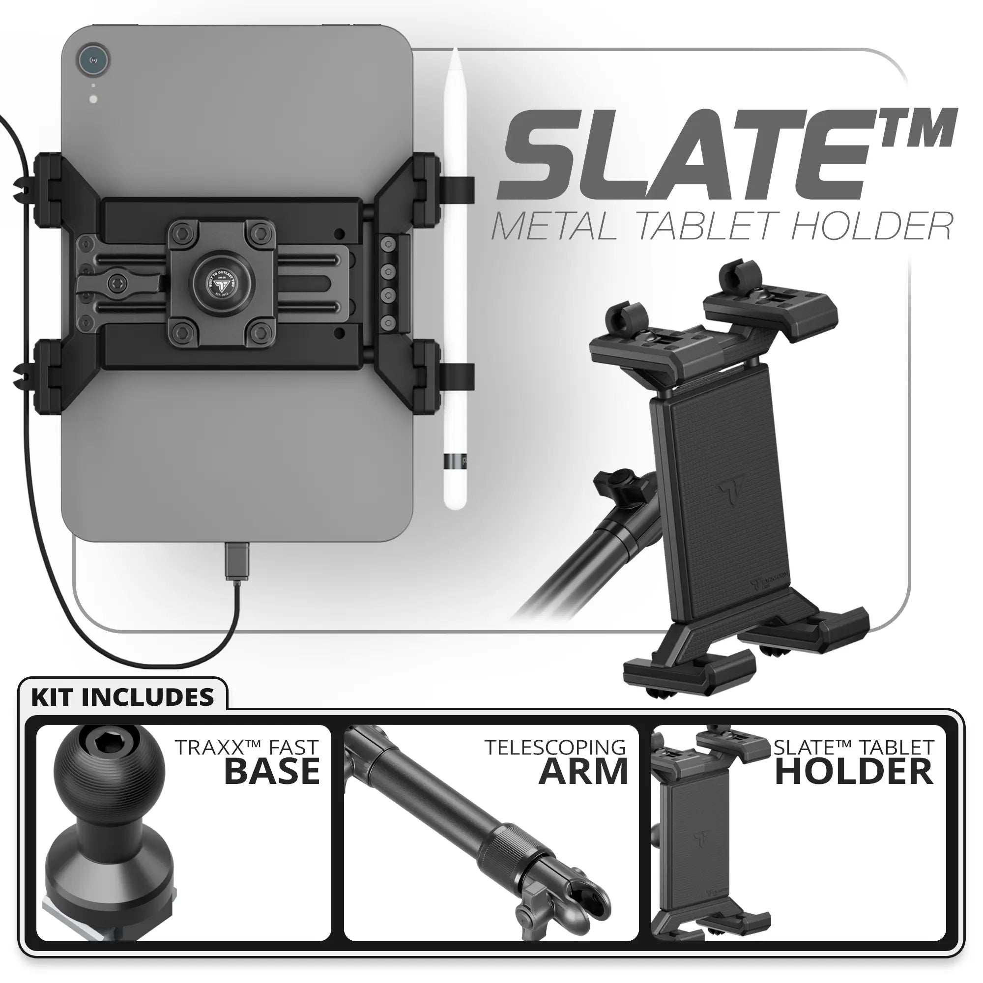 Metal Tablet Holder | TRAXX™ - Fast Track Base | 7.5"-9.25" Telescoping Arm