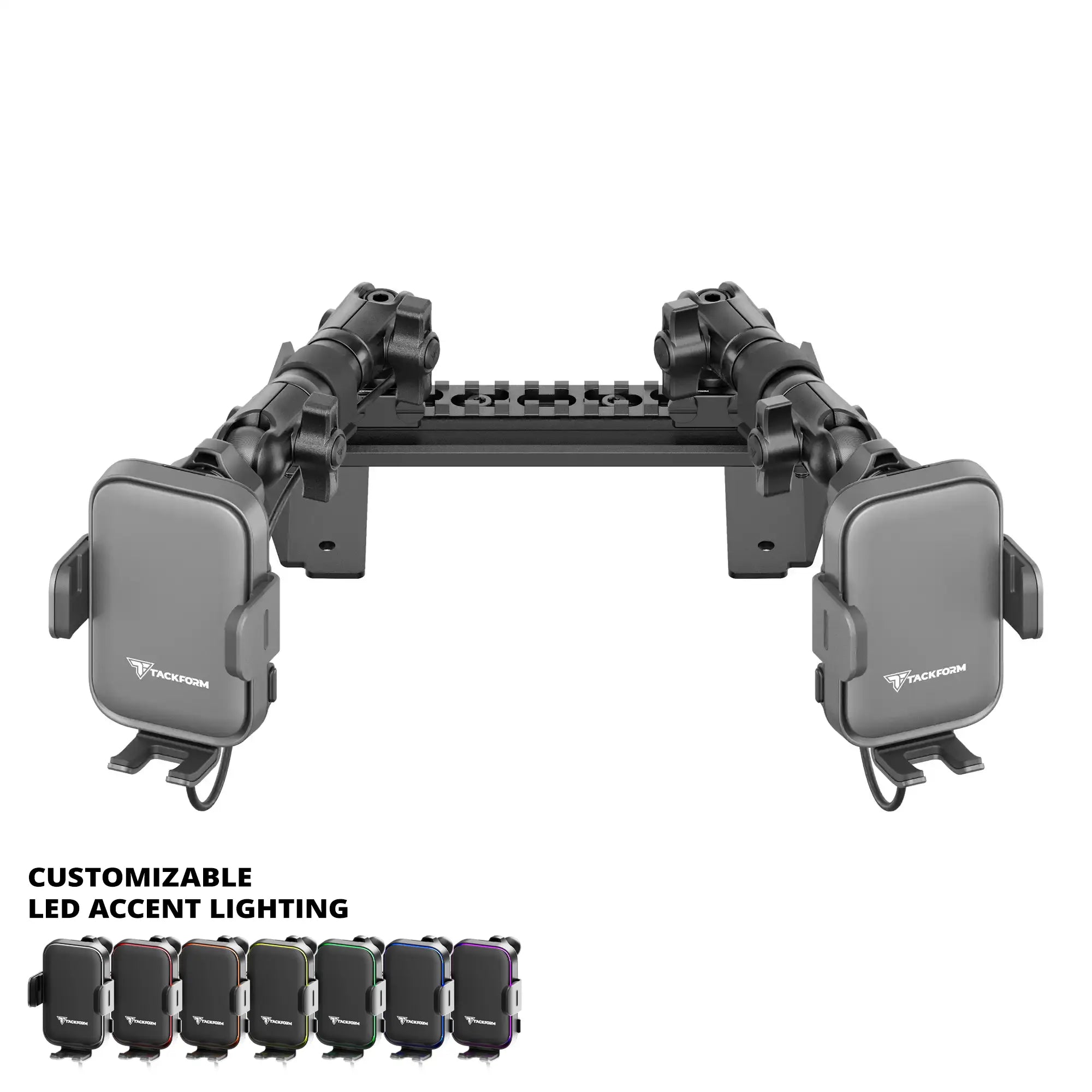 ‘15-‘20 Ford F-150, ‘17-‘22 Super Duty, ‘18-‘21 Expedition Tackform Assault Track Picatinny Dash Bracket With Dual Qi Wireless Charging Phone Mounts & Customizable LED Accent Lighting