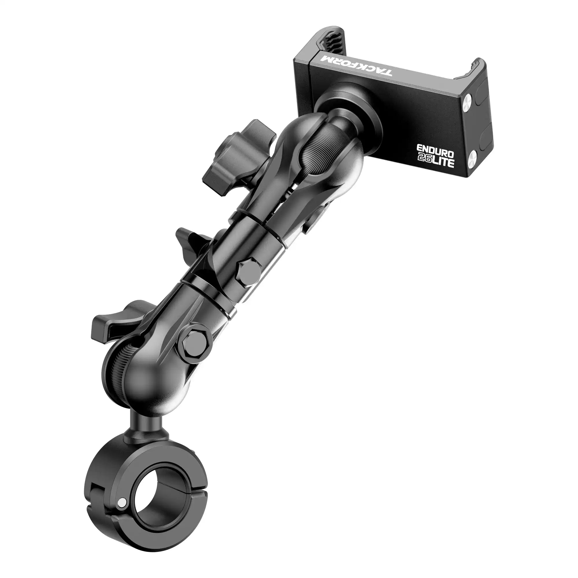 Product image of Polaris RZR Billet Spring-Loaded Phone Mount for Roll Cage, Harness Bar, U-Bar with 5.25 inch arm with articulating elbow joint.