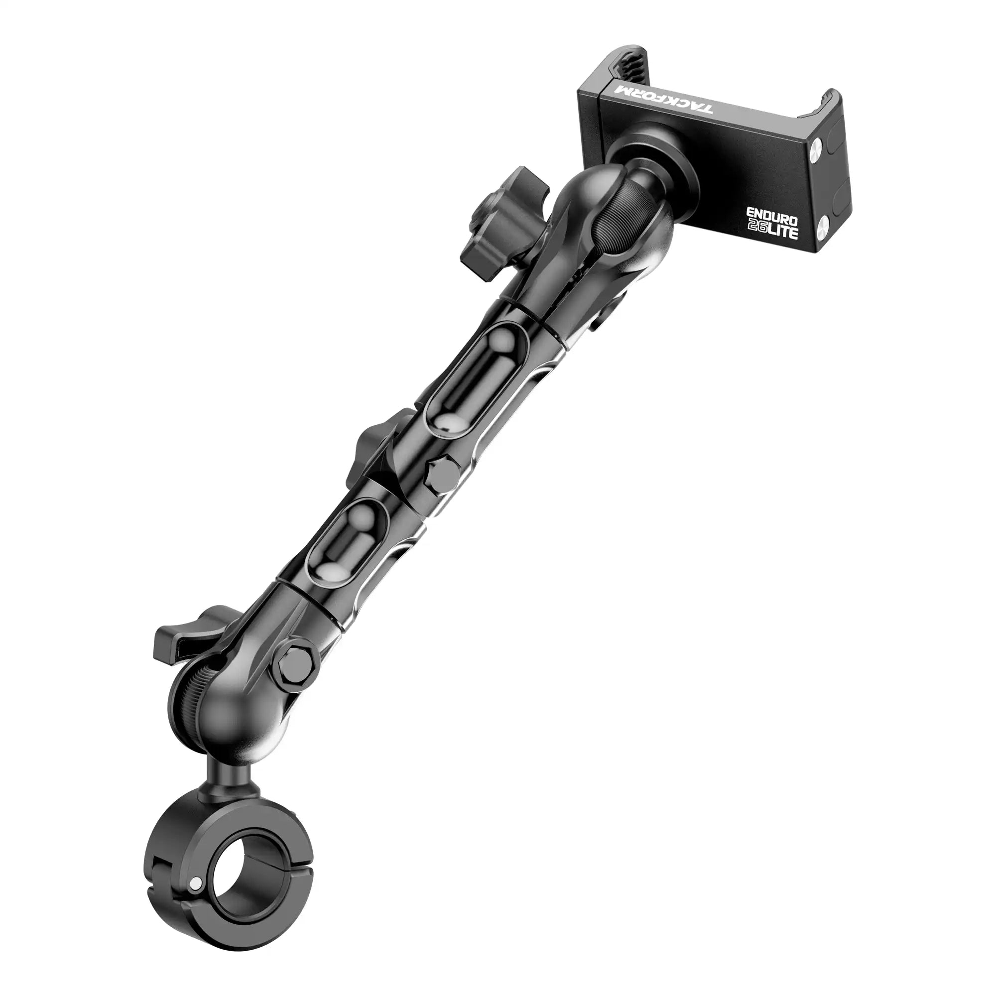 Product image of Polaris RZR Billet Spring-Loaded Phone Mount for Roll Cage, Harness Bar, U-Bar with 7.75 inch arm with articulating elbow joint.