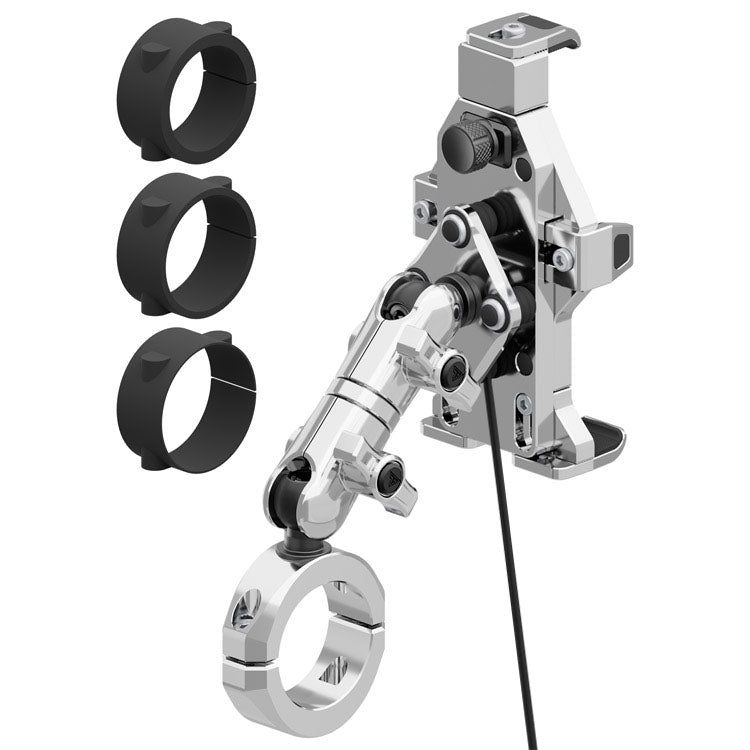 Chrome Motorcycle Adventure Cradle Phone Mount | Wireless Charging and Vibration Dampening | BC3 Universal Clamp for 1-1/4" to 1-1/2" Handlebars | 3.5" DuraLock™ Arm
