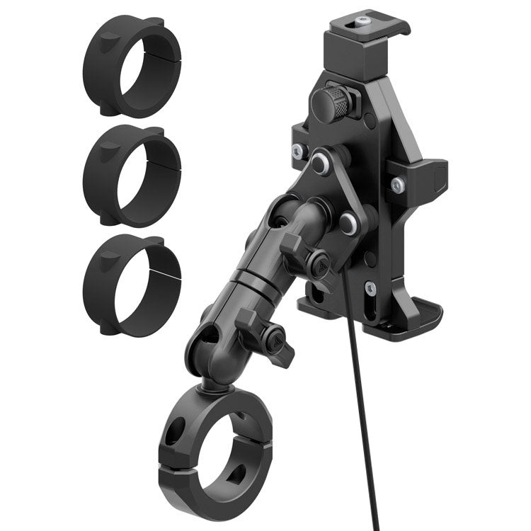 Black Motorcycle Adventure Cradle Phone Mount | Wireless Charging and Vibration Dampening | BC3 Universal Clamp for 1-1/4" to 1-1/2" Handlebars | 3.5" DuraLock™ Arm