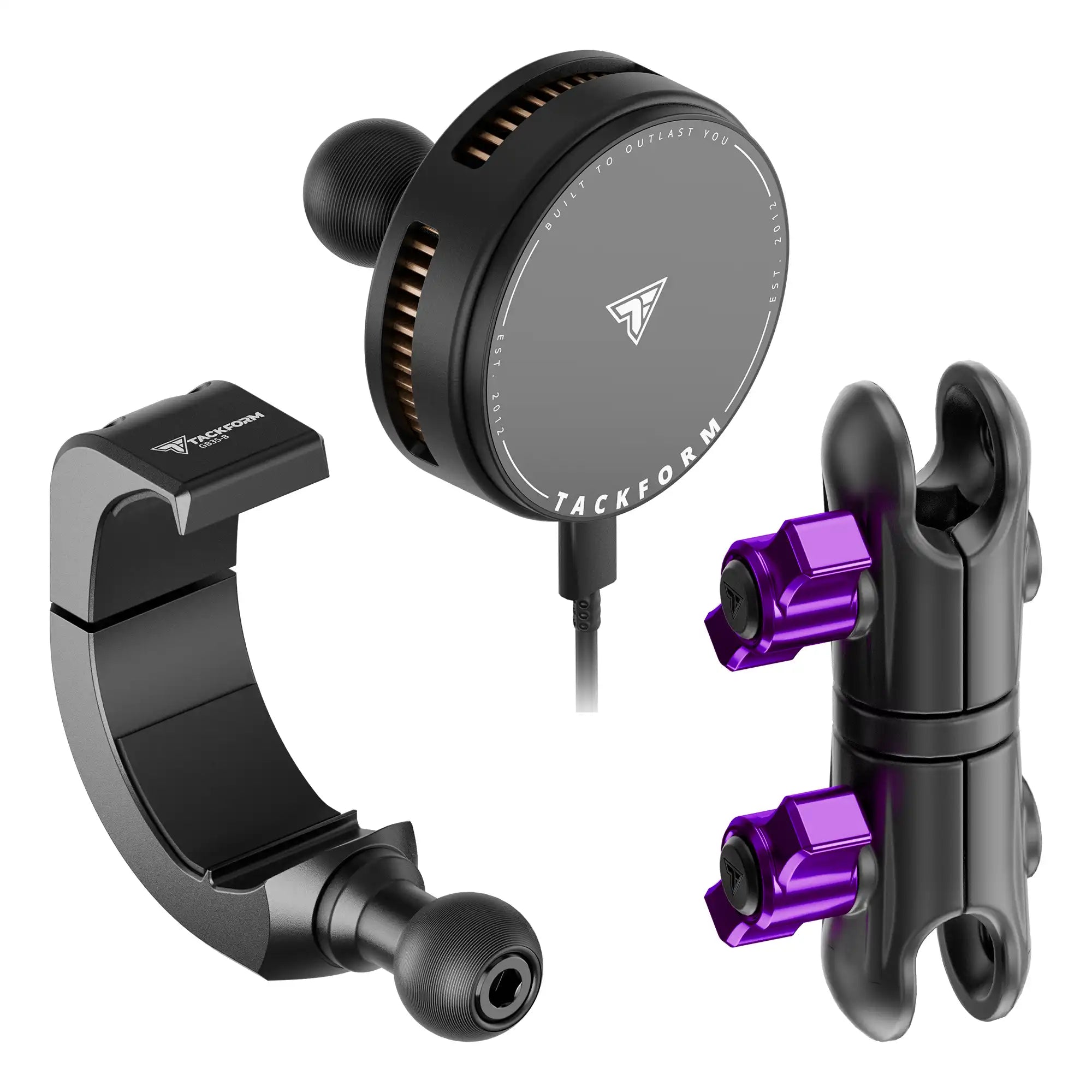 Product image of 2024+ Jeep Grab Bar Phone Mount Kit with 25W Wireless Charging Phone Holder and 3.5" Arm with purple accent hardware