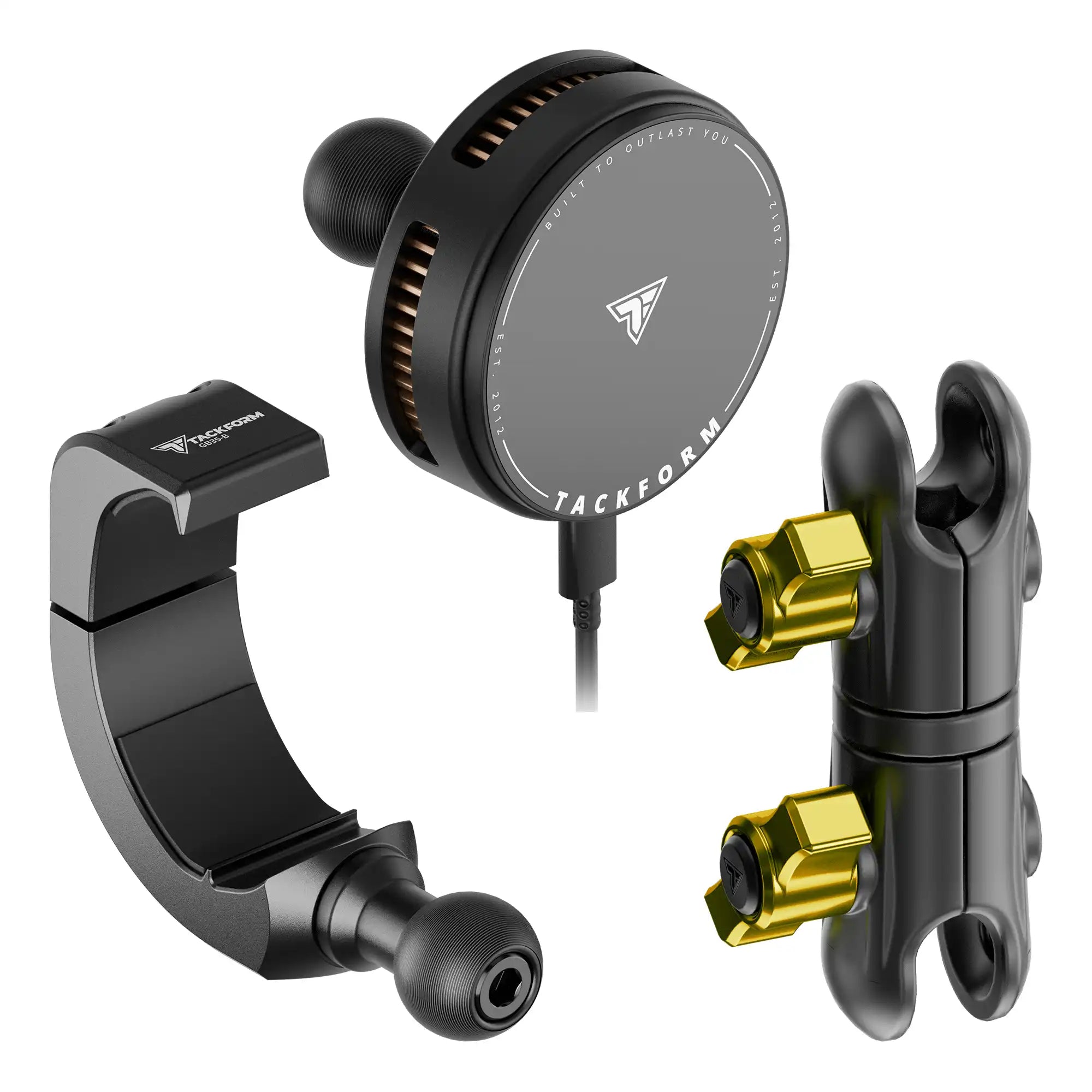 Product image of 2024+ Jeep Grab Bar Phone Mount Kit with 25W Wireless Charging Phone Holder and 3.5" Arm with yellow accent hardware