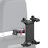 Black tablet cradle mounted on a vehicle headrest with pink accent hardware