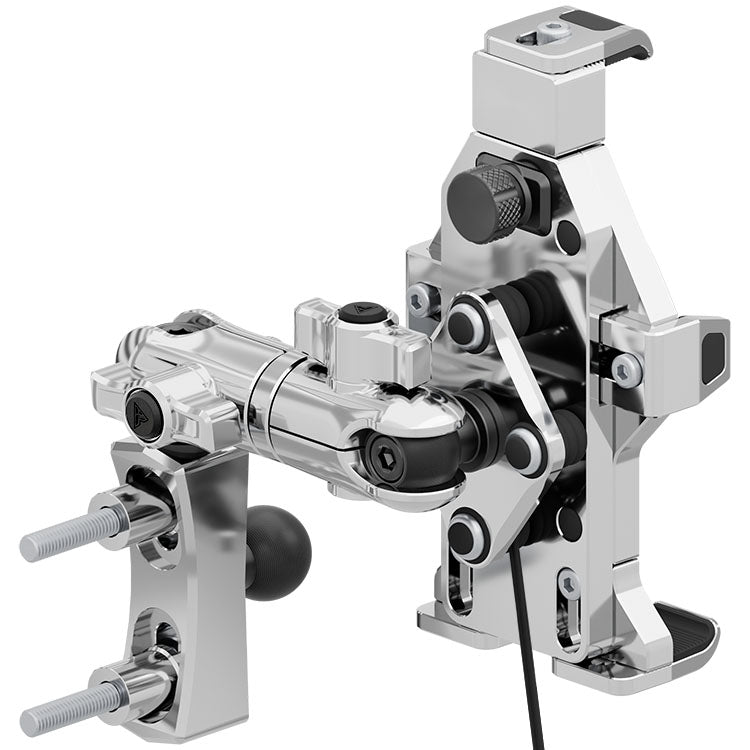 Chrome Motorcycle Adventure Phone Cradle | Wireless Charging and Vibration Dampening | Dual 20mm Ball - Perch / Brake / Clutch Reservoir Mount | 3.5" DuraLock™ Arm