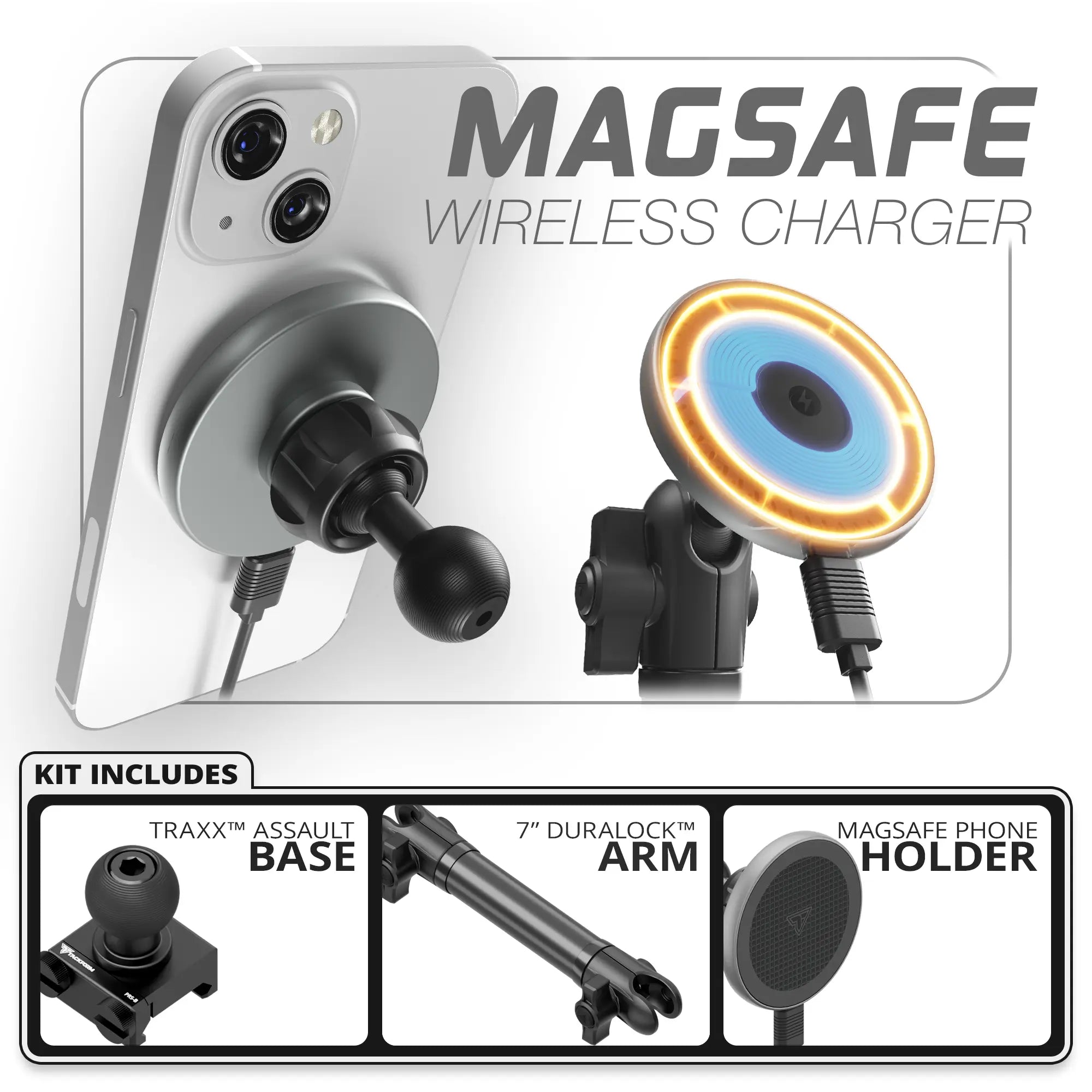 MagSafe Charging Phone Holder | TRAXX™ - Assault Track Picatinny Base | 7" DuraLock Arm