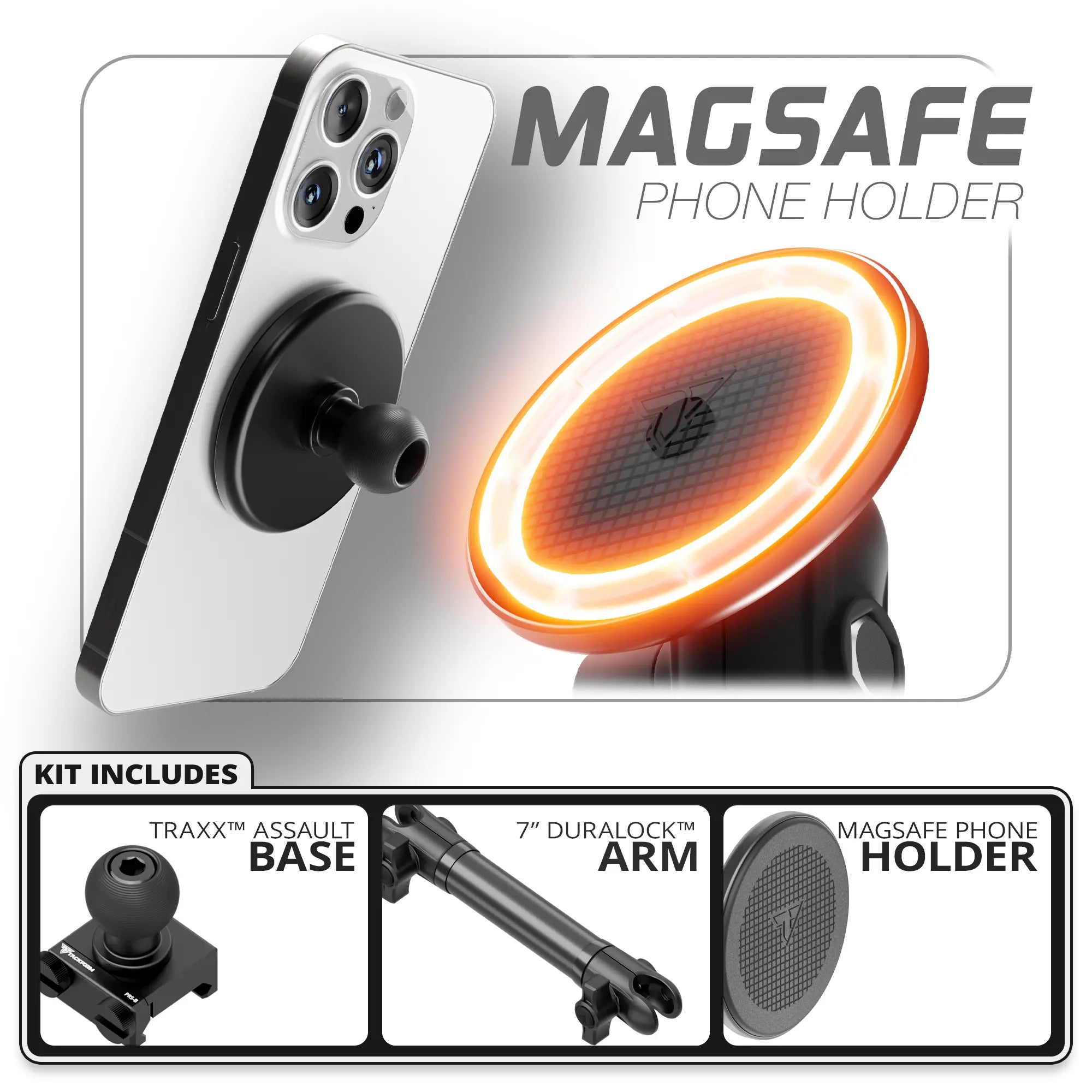 MagSafe Phone Holder | TRAXX™ - Assault Track Picatinny Base | 7" DuraLock Arm
