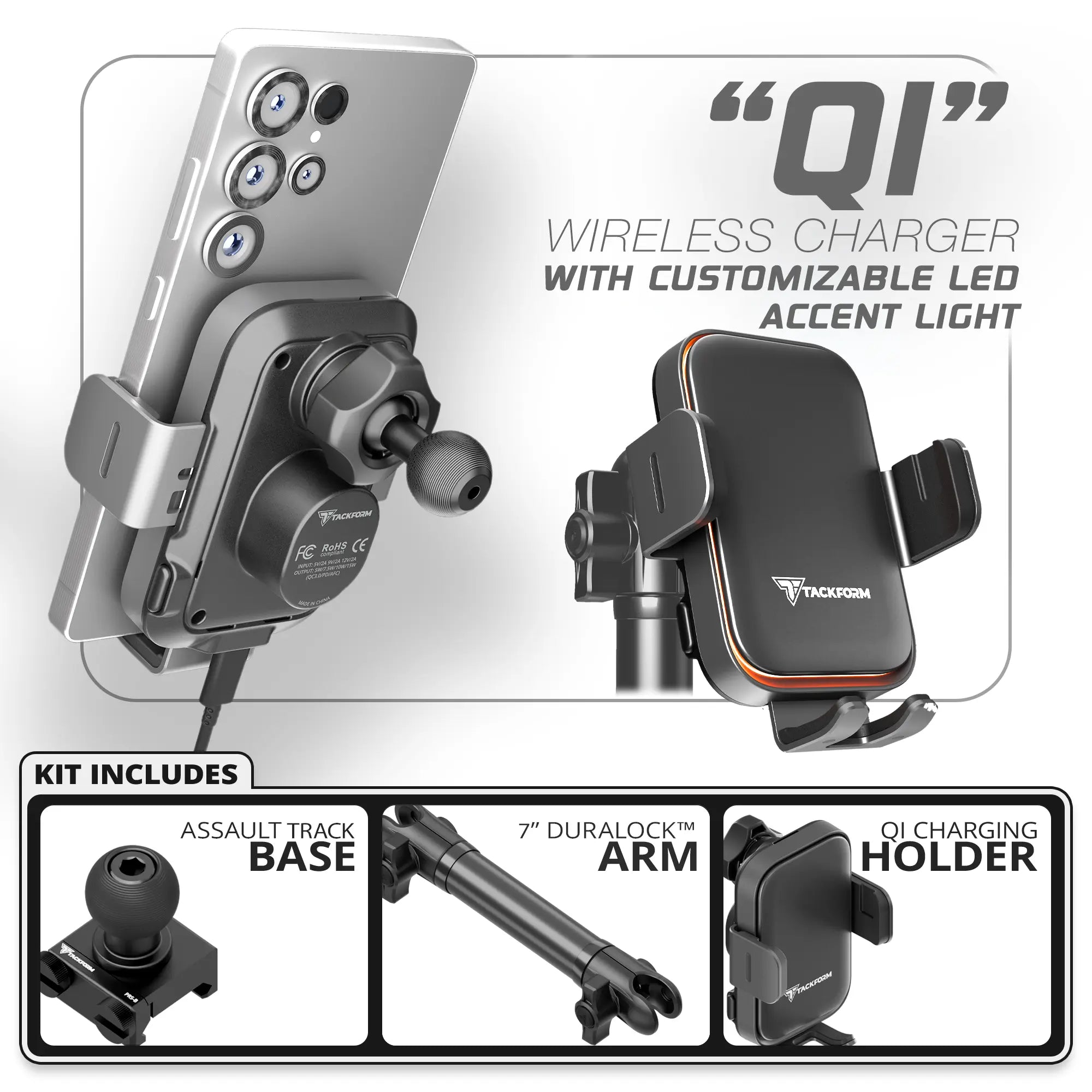 Qi Wireless Charging Phone Holder with Customizable LED Accent Lighting | TRAXX™ - Assault Track Picatinny Base | 7" DuraLock Arm