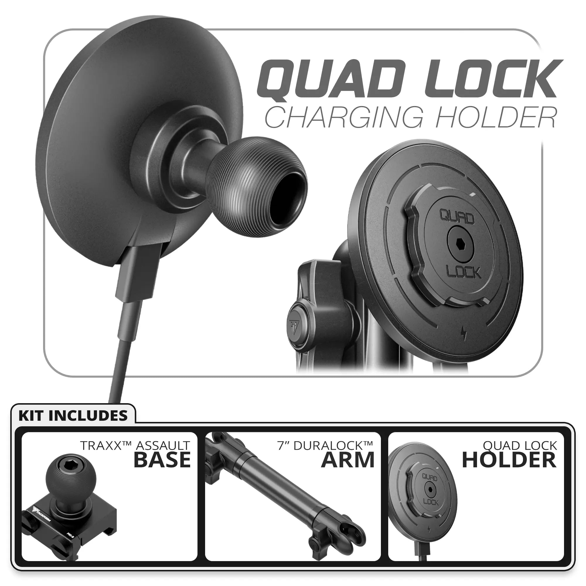 Quad Lock MAG™ Wireless Charging Phone Holder | TRAXX™ - Assault Track Picatinny Base | 7" DuraLock Arm