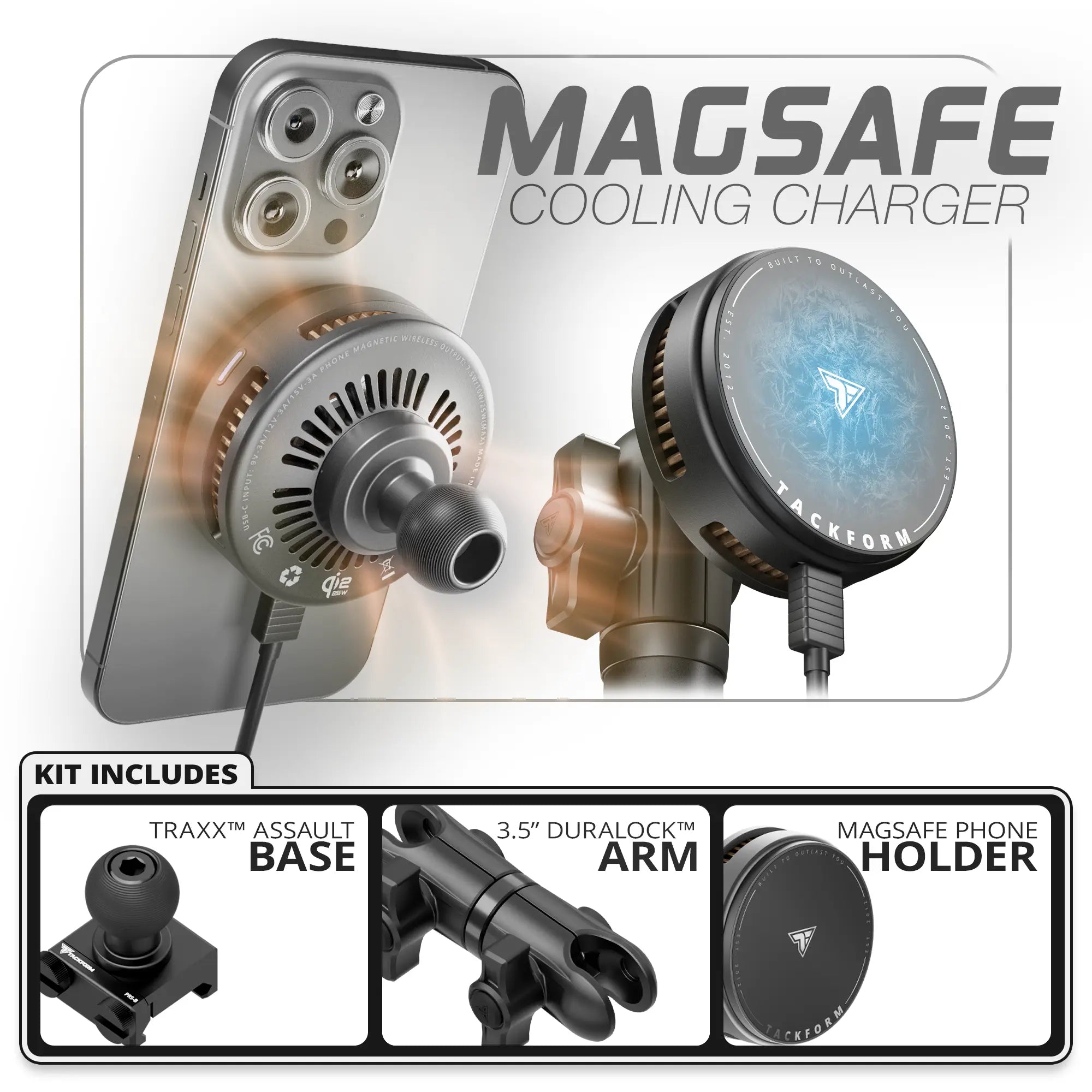 Qi2.2/MagSafe Charging & Cooling Phone Holder | TRAXX™ - Assault Track Picatinny Base | 3.5" DuraLock Arm