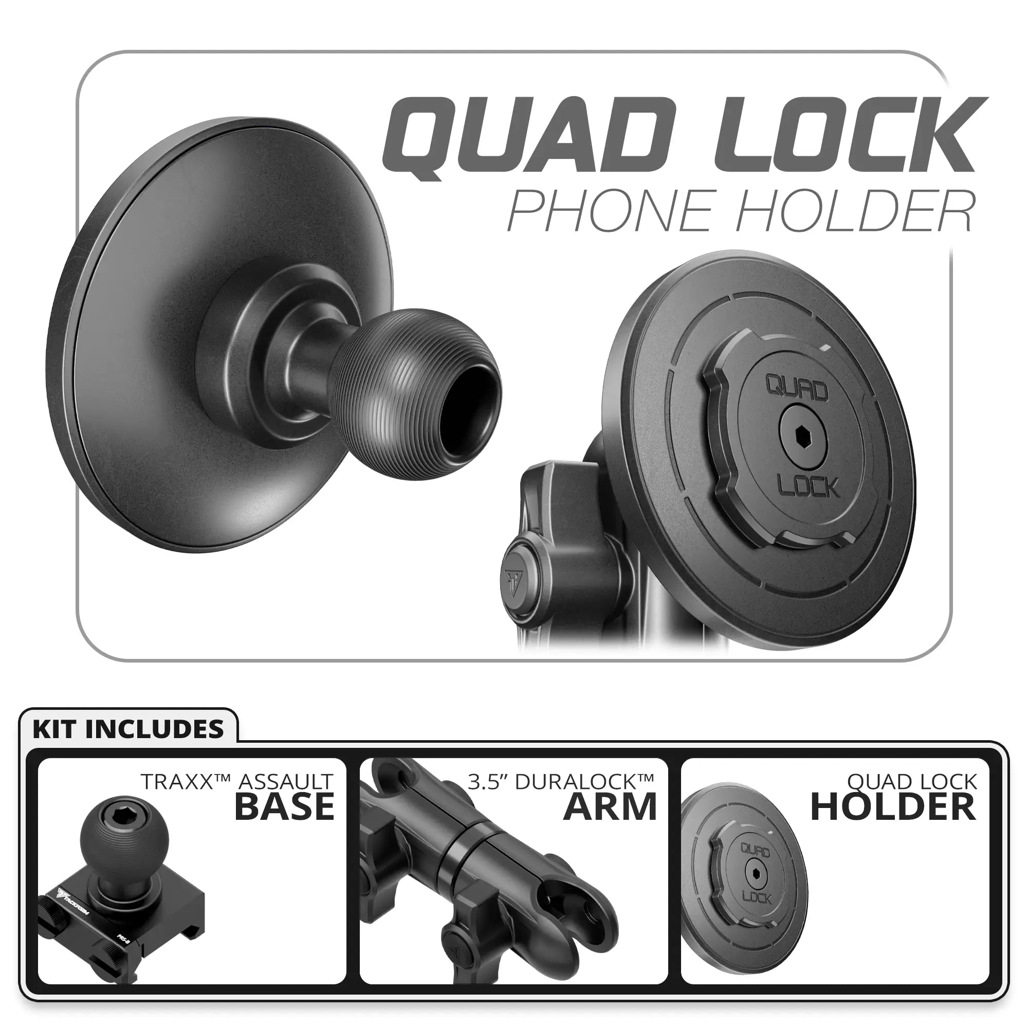 Quad Lock MAG™ Phone Holder | TRAXX™ - Assault Track Picatinny Base | 3.5" DuraLock Arm