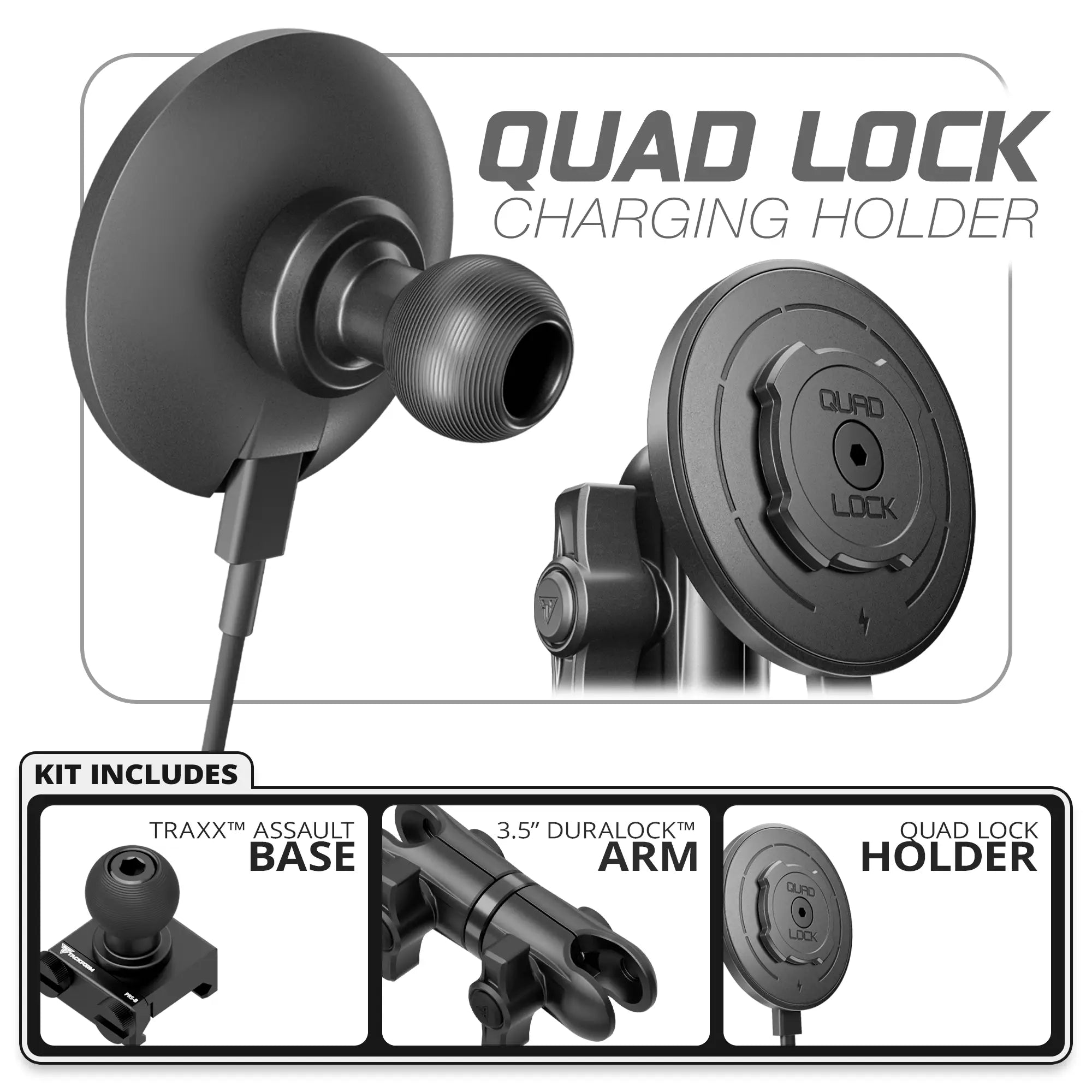 Quad Lock MAG™ Wireless Charging Phone Holder | TRAXX™ - Assault Track Picatinny Base | 3.5" DuraLock Arm