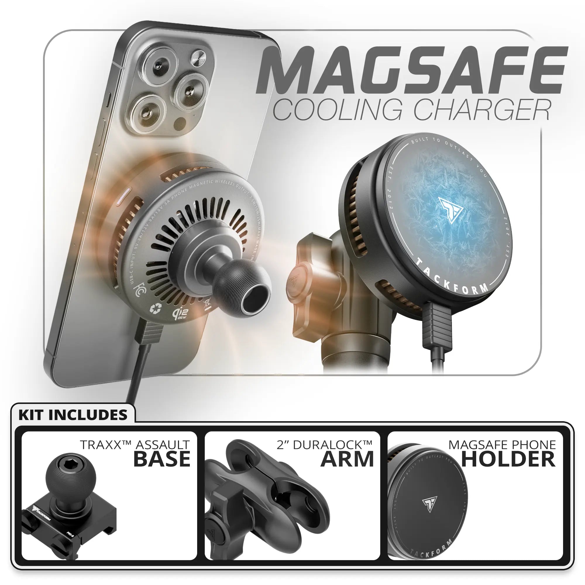 Qi2.2/MagSafe Charging & Cooling Phone Holder  | TRAXX™ - Assault Track Picatinny Base | 2" DuraLock Arm