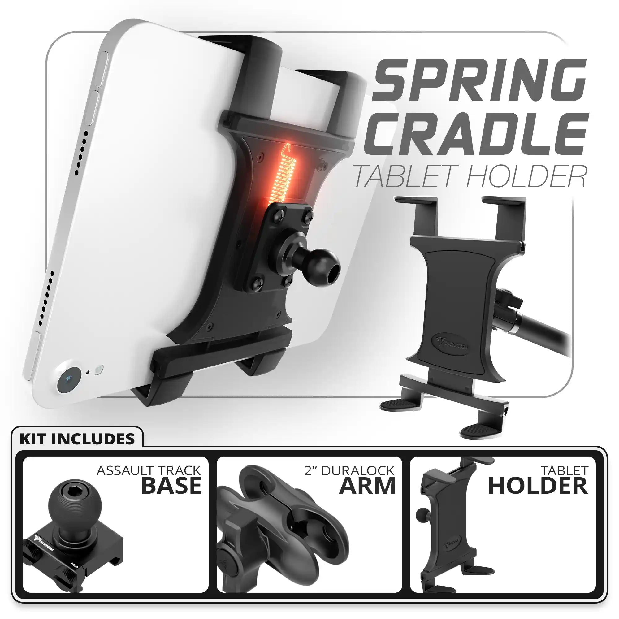 Tablet Spring Cradle | TRAXX™ - Assault Track Picatinny Base | 2" DuraLock Arm