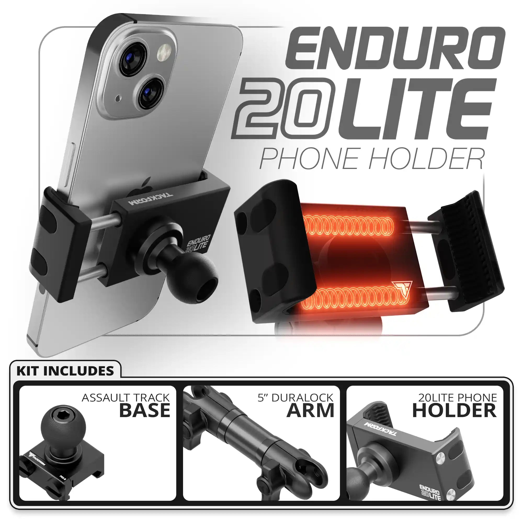 20LITE Phone Holder | TRAXX™ - Assault Track Picatinny Base | 5" DuraLock Arm