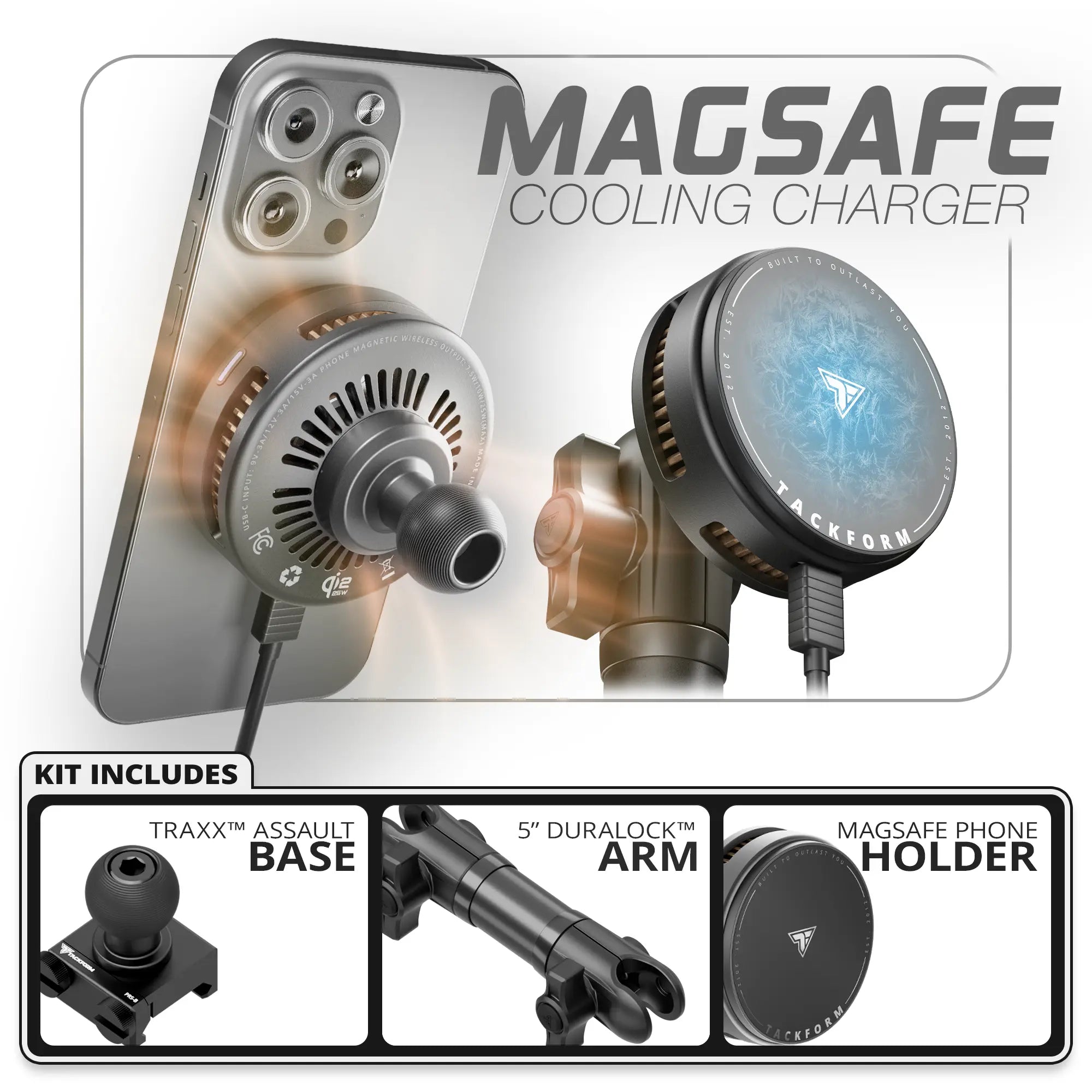 Qi2.2/MagSafe Charging & Cooling Phone Holder  | TRAXX™ - Assault Track Picatinny Base | 5" DuraLock Arm