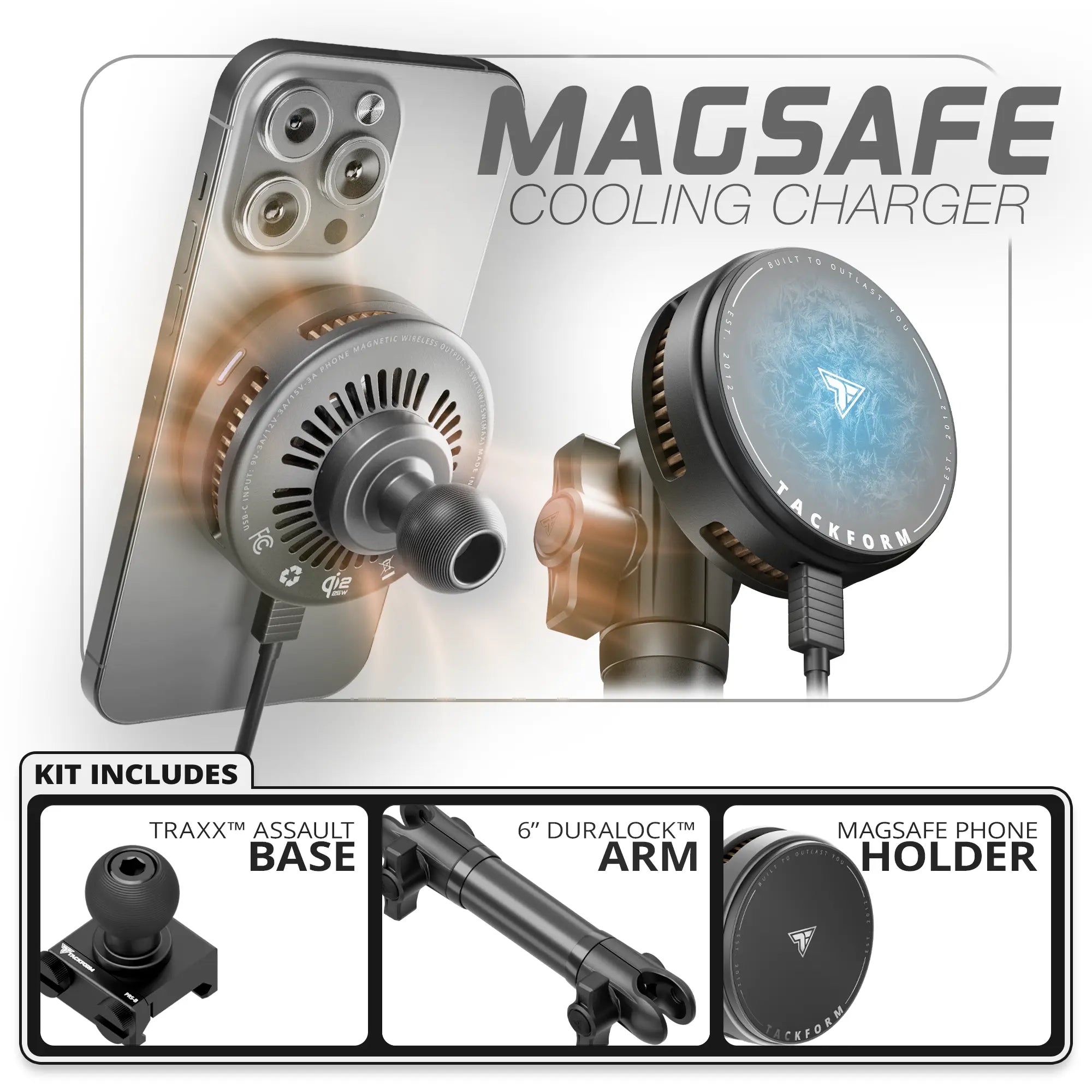 Qi2.2/MagSafe Charging & Cooling Phone Holder | TRAXX™ - Assault Track Picatinny Base | 6" DuraLock Arm