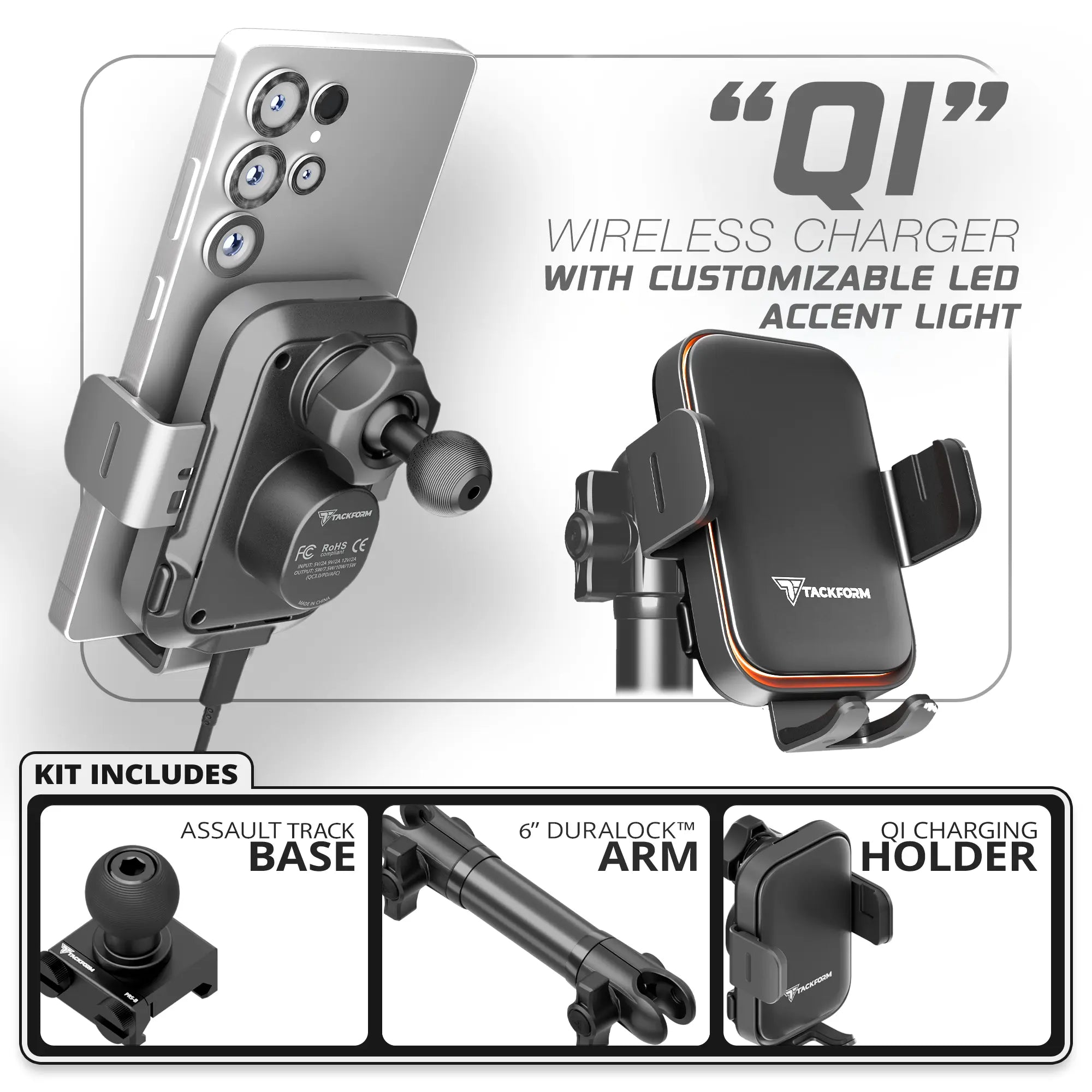 Qi Wireless Charging Phone Holder with Customizable LED Accent Lighting | TRAXX™ - Assault Track Picatinny Base | 6" DuraLock Arm