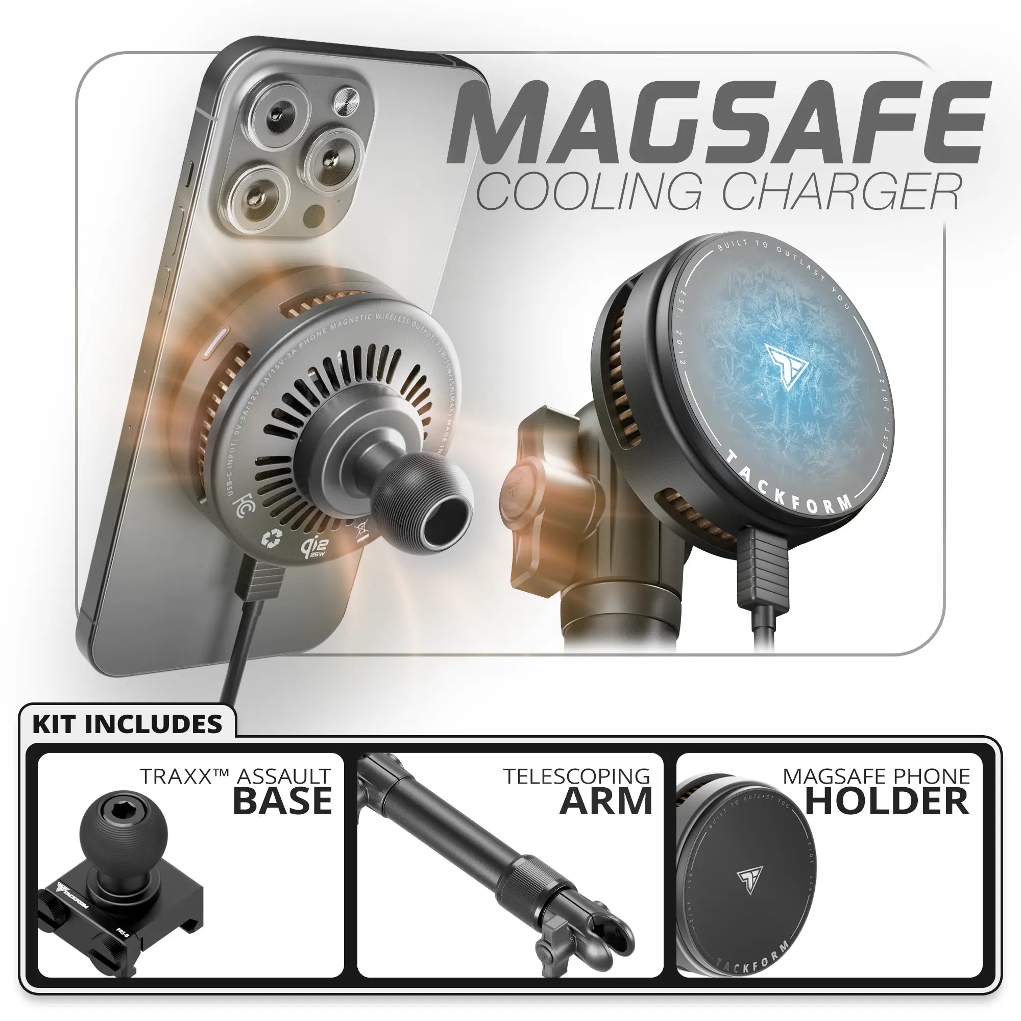 Qi2.2/MagSafe Charging & Cooling Phone Holder | TRAXX™ - Assault Track Base | 7.5"-9.25" Telescoping Arm