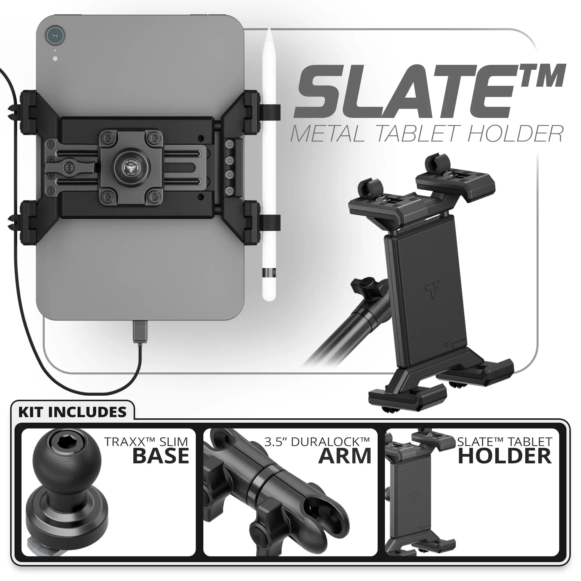 Metal Tablet Holder | TRAXX™ - Slim Track Base | 3.5" DuraLock Arm