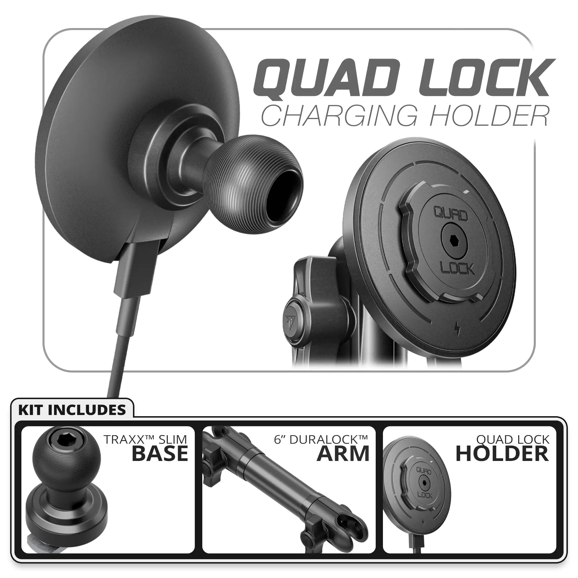 Quad Lock MAG™ Wireless Charging Phone Holder | TRAXX™ - Slim Track Base | 6" DuraLock Arm