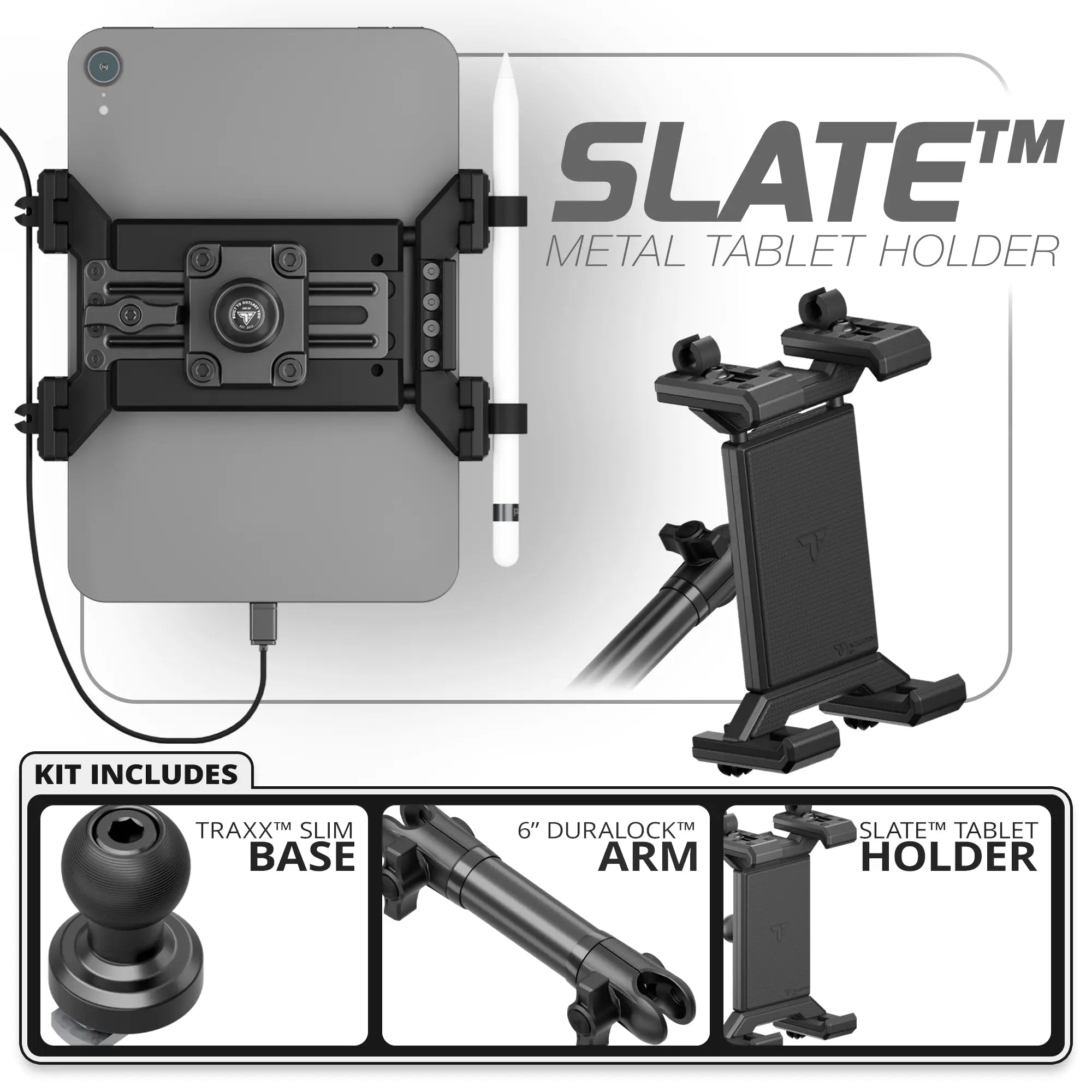 Metal Tablet Holder | TRAXX™ - Slim Track Base | 6" DuraLock Arm