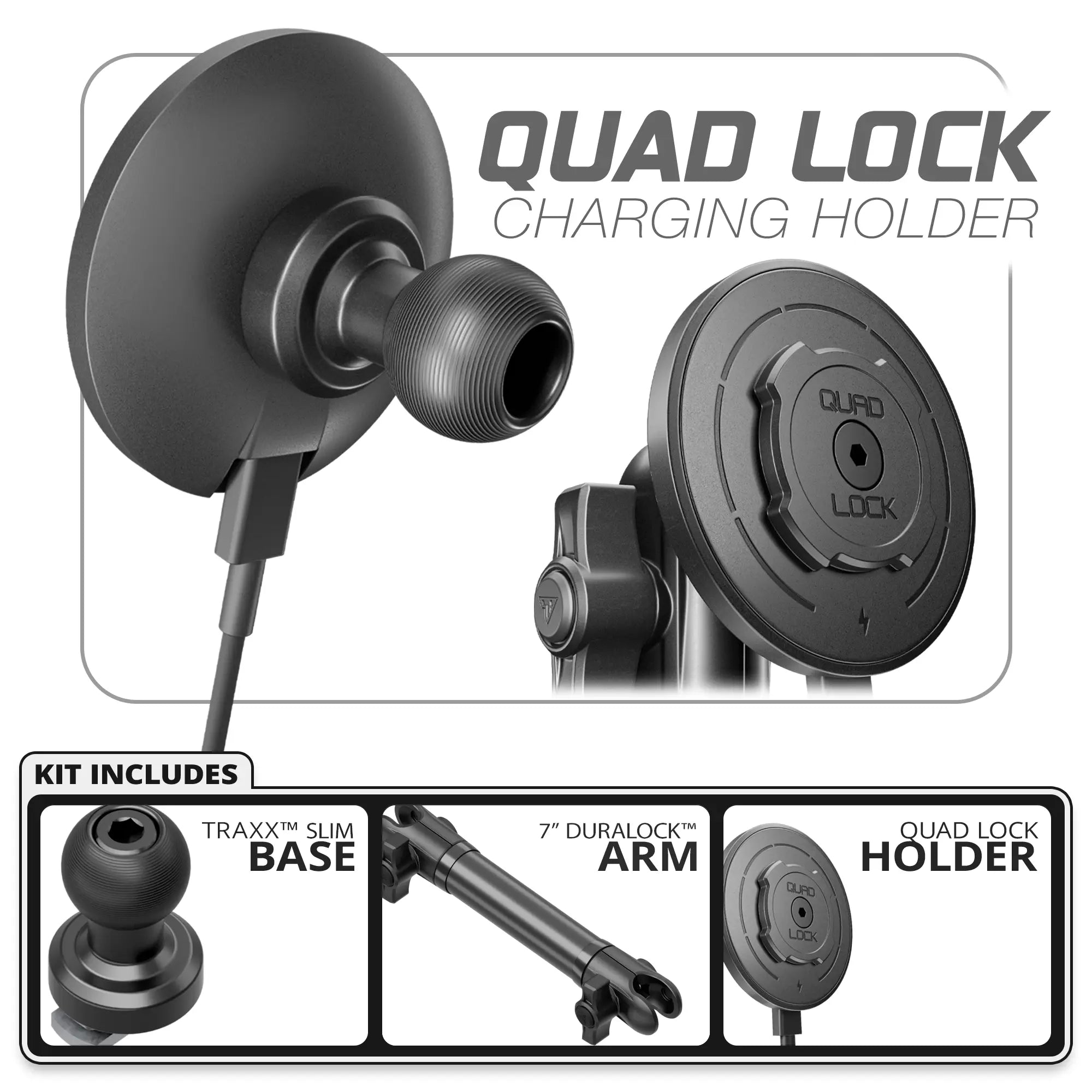 Quad Lock MAG™ Wireless Charging Phone Holder | TRAXX™ - Slim Track Base | 7" DuraLock Arm