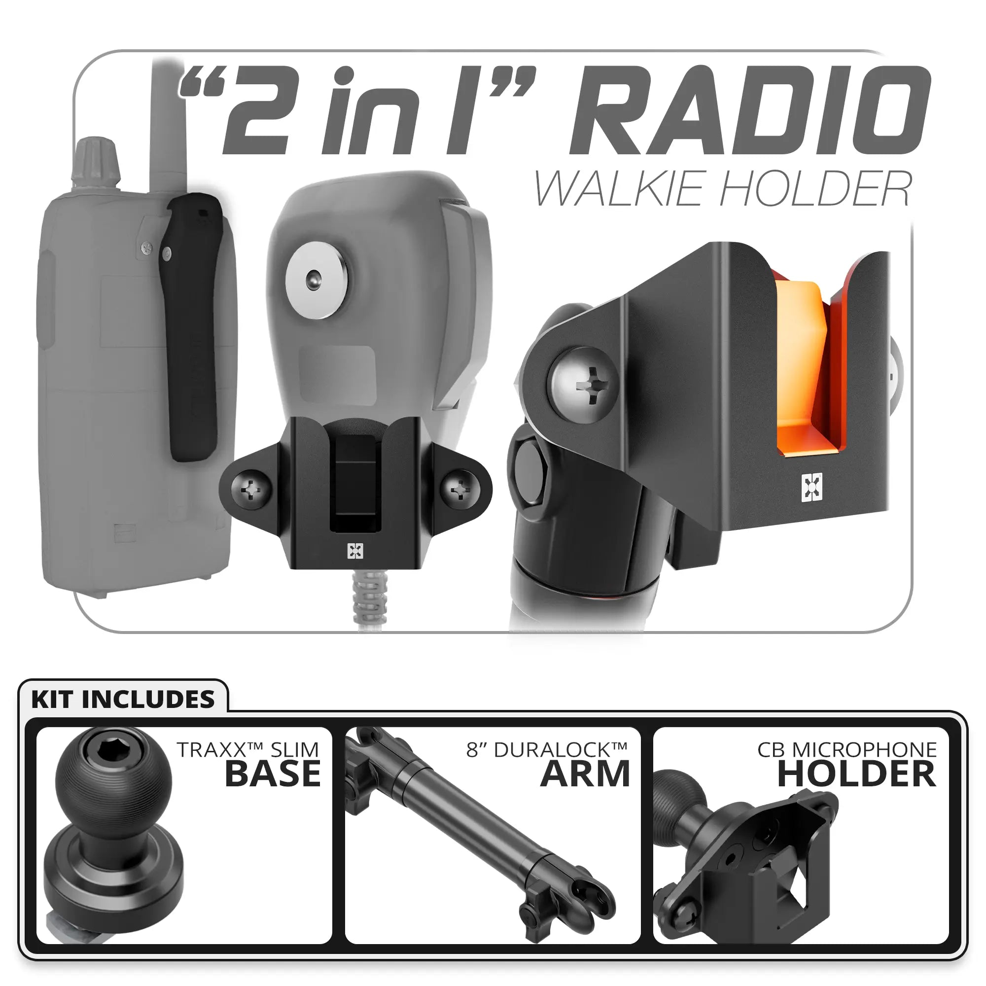 CB Radio/Microphone Holder | TRAXX™ - Slim Track Base | 8" DuraLock Arm