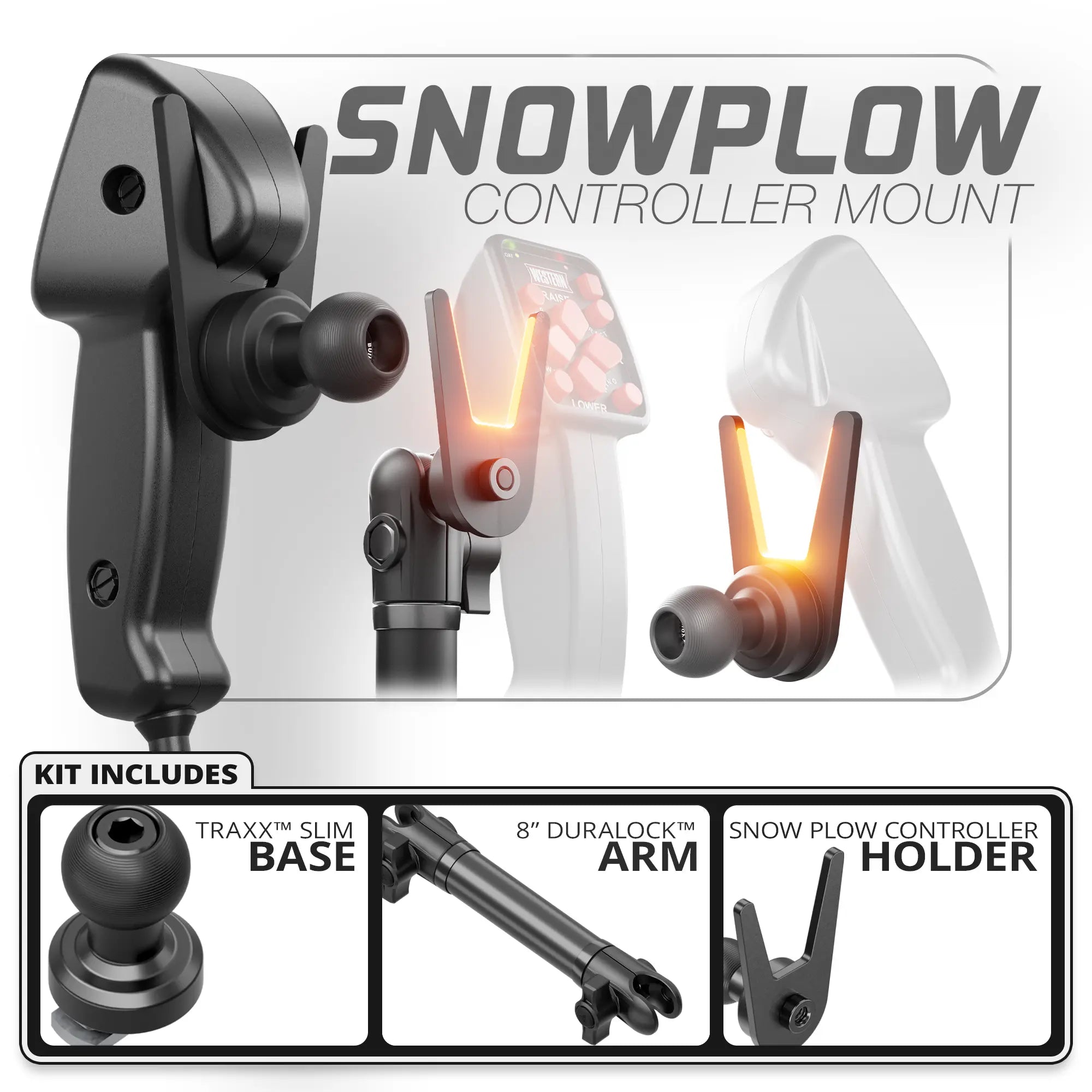 Snow Plow Controller Holder | TRAXX™ - Slim Track Base | 8" DuraLock Arm