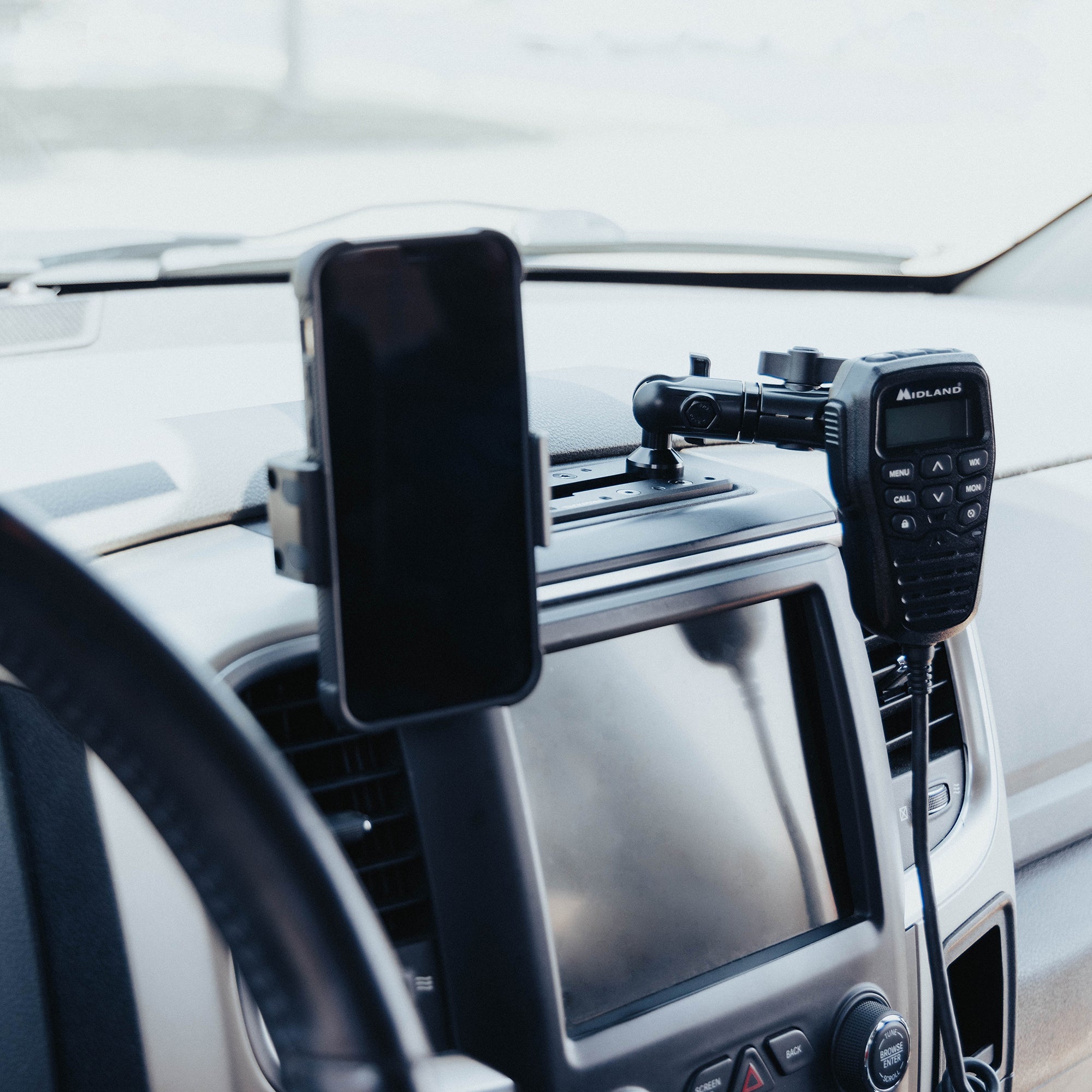 Ram and Ram Classic All Metal Dash Board Bracket With Universal Spring Phone Mount and Magnetic Midland Radio Holder 
