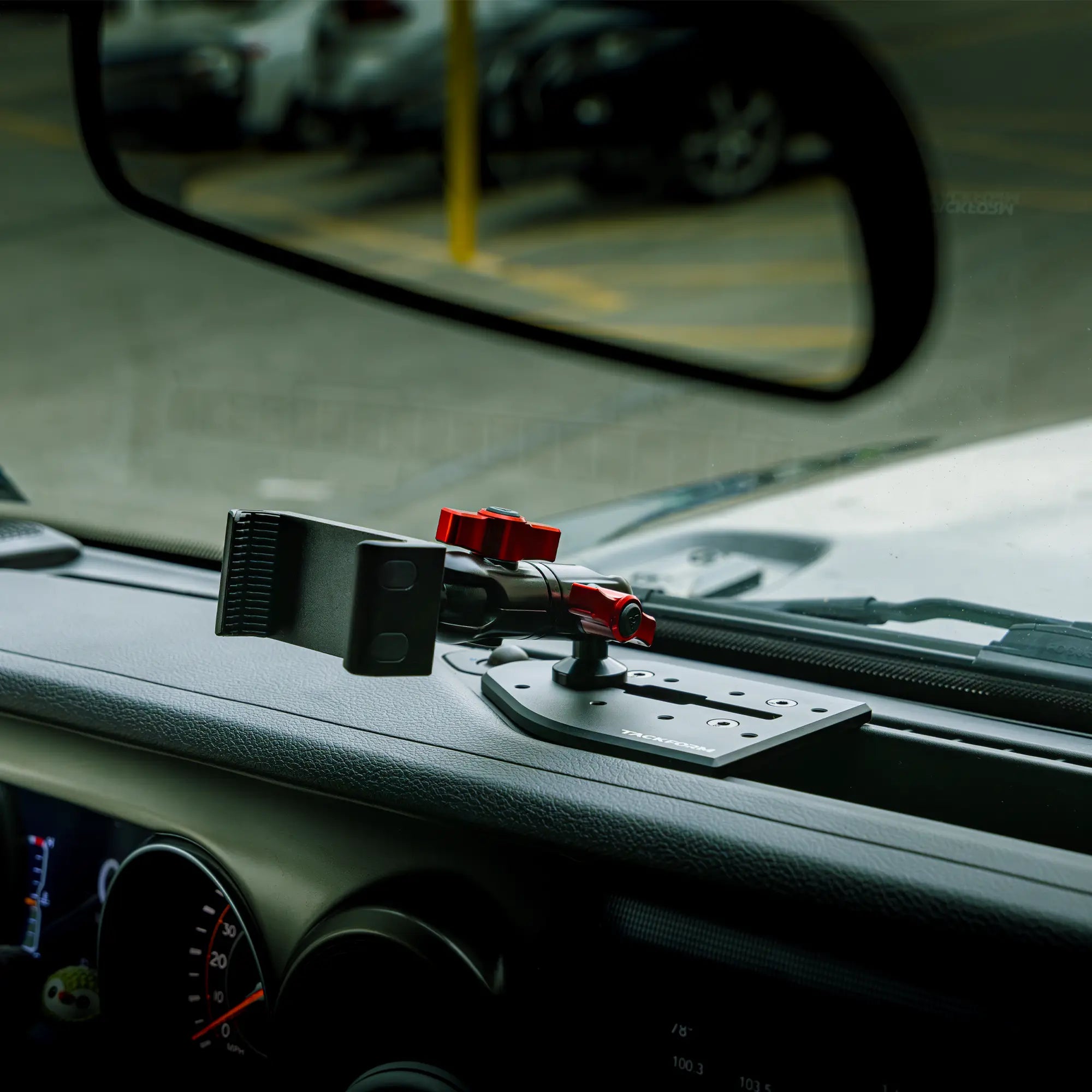 Jeep All Metal Drivers Side Dash Bracket with Slim Track Quick Repositioning, Spring Phone Mount and Red Color Accent Knobs