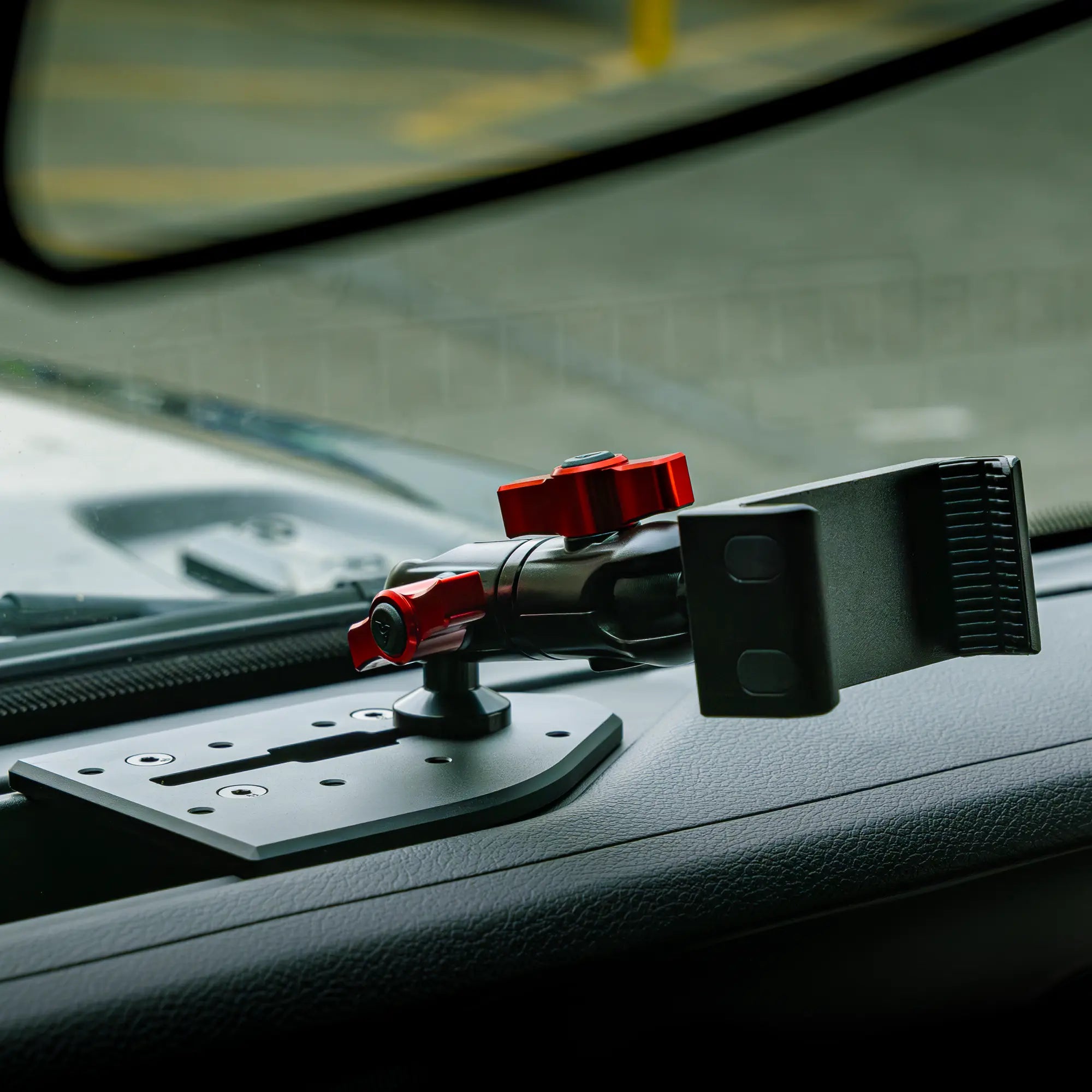 Jeep All Metal Dash Bracket with Slim Track Quick Repositioning, Spring Phone Mount and Red Color Accent Knobs