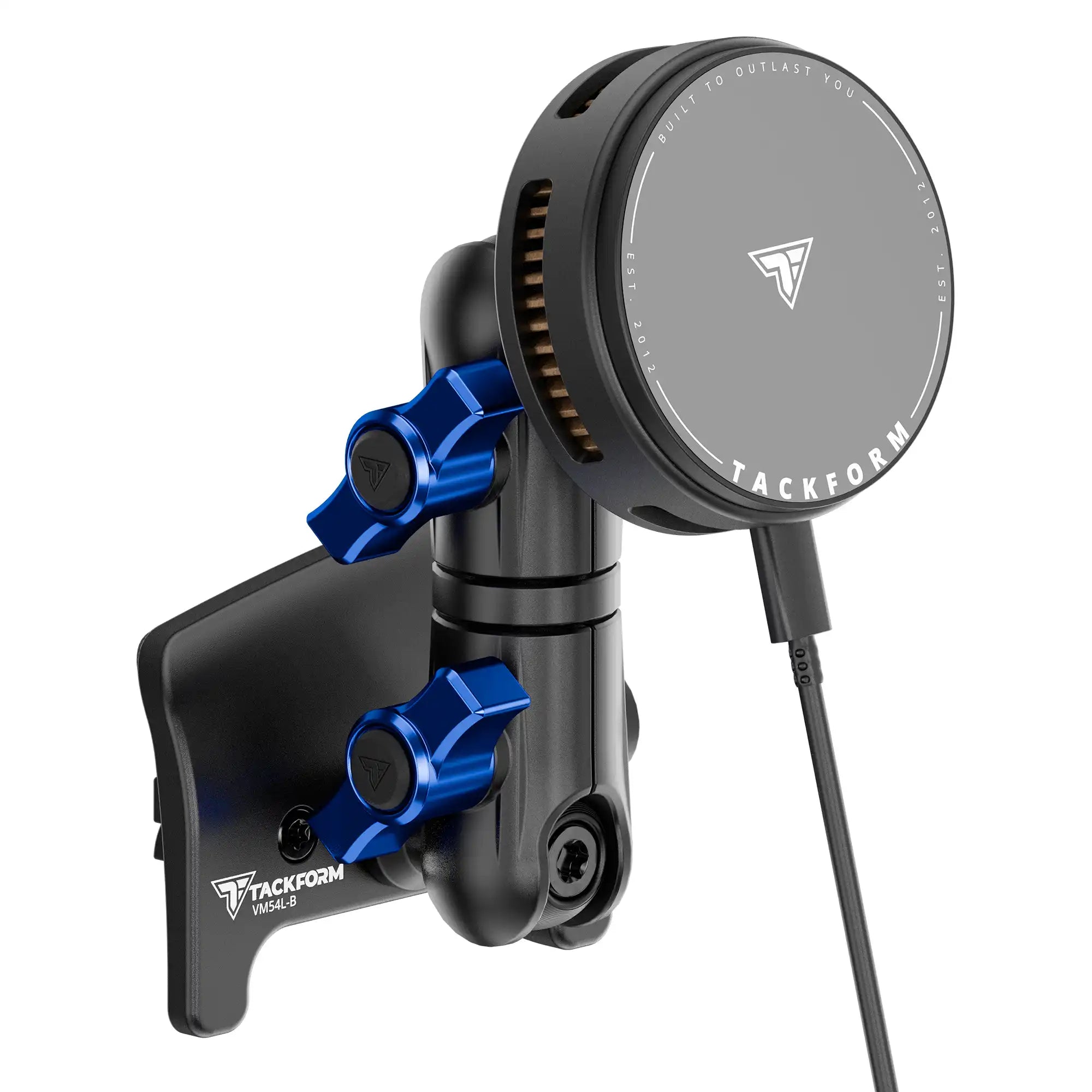 Product image of black Tacoma Phone Mount with 25W Qi Magnetic Phone Charger Compatible with MagSafe with active cooling and Blue Billet Knobs