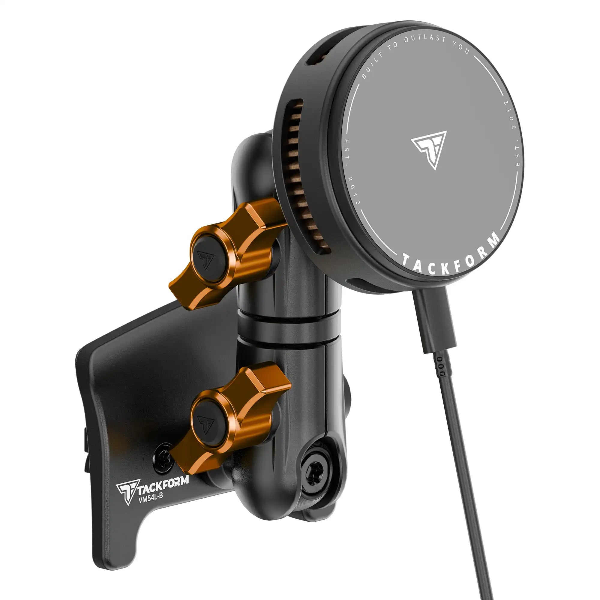 Product image of black Tacoma Phone Mount with 25W Qi Magnetic Phone Charger Compatible with MagSafe with active cooling and Orange Billet Knobs