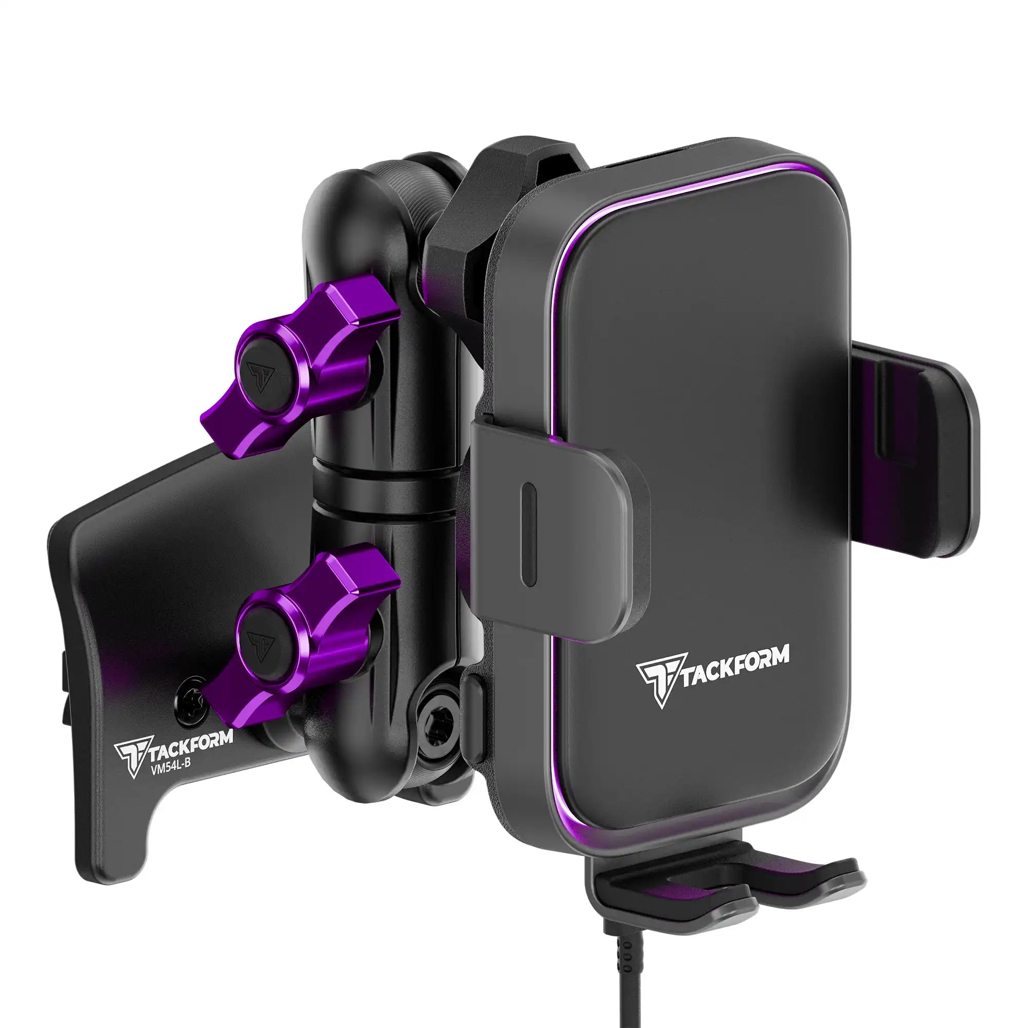 Product image of 2nd Gen Tacoma Phone Mount with Qi Wireless Charging Cradle with Customizable LED Accent Light and Purple Billet Knobs