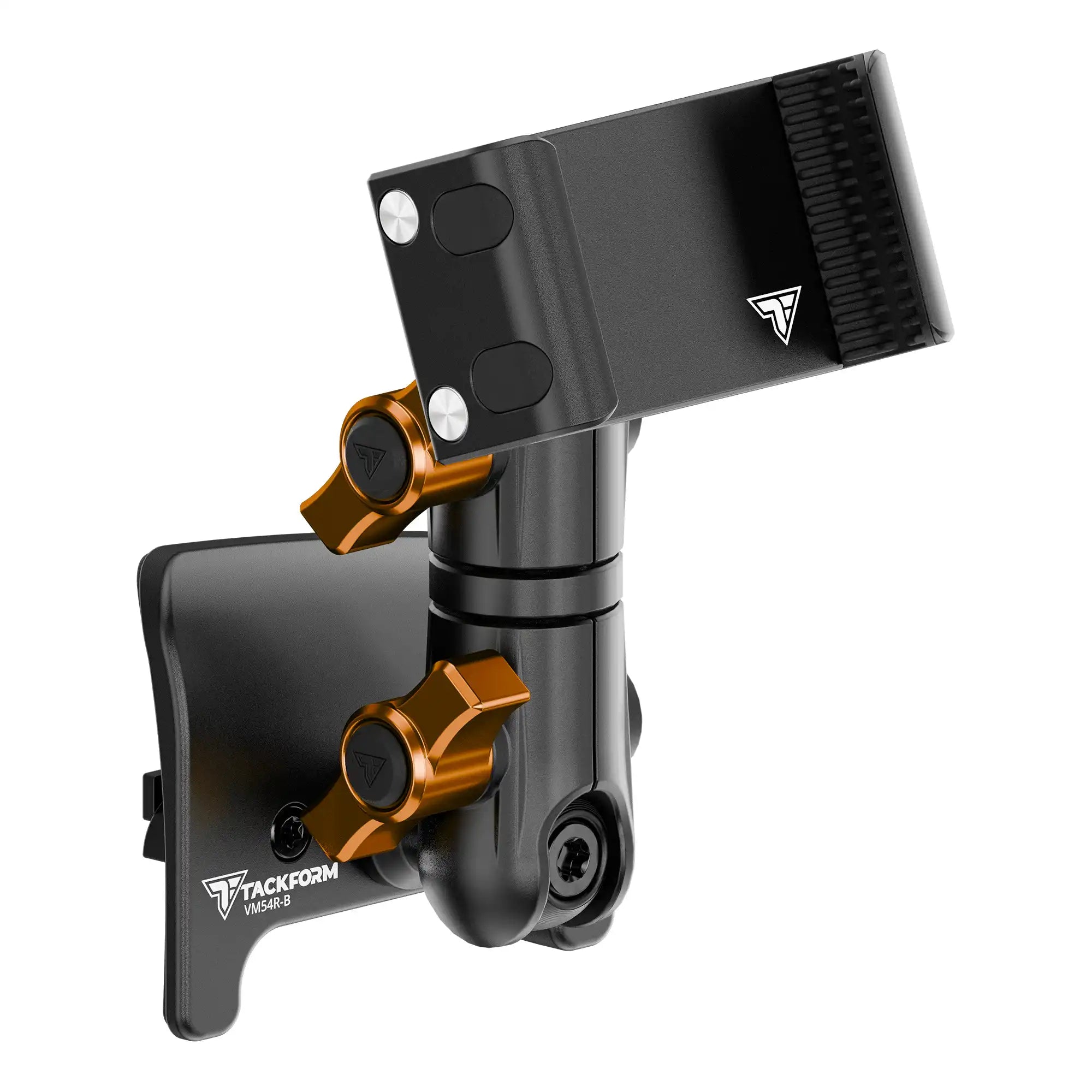 Product image of black Tacoma Phone Mount with billet spring cradle phone holder with orange billet knobs