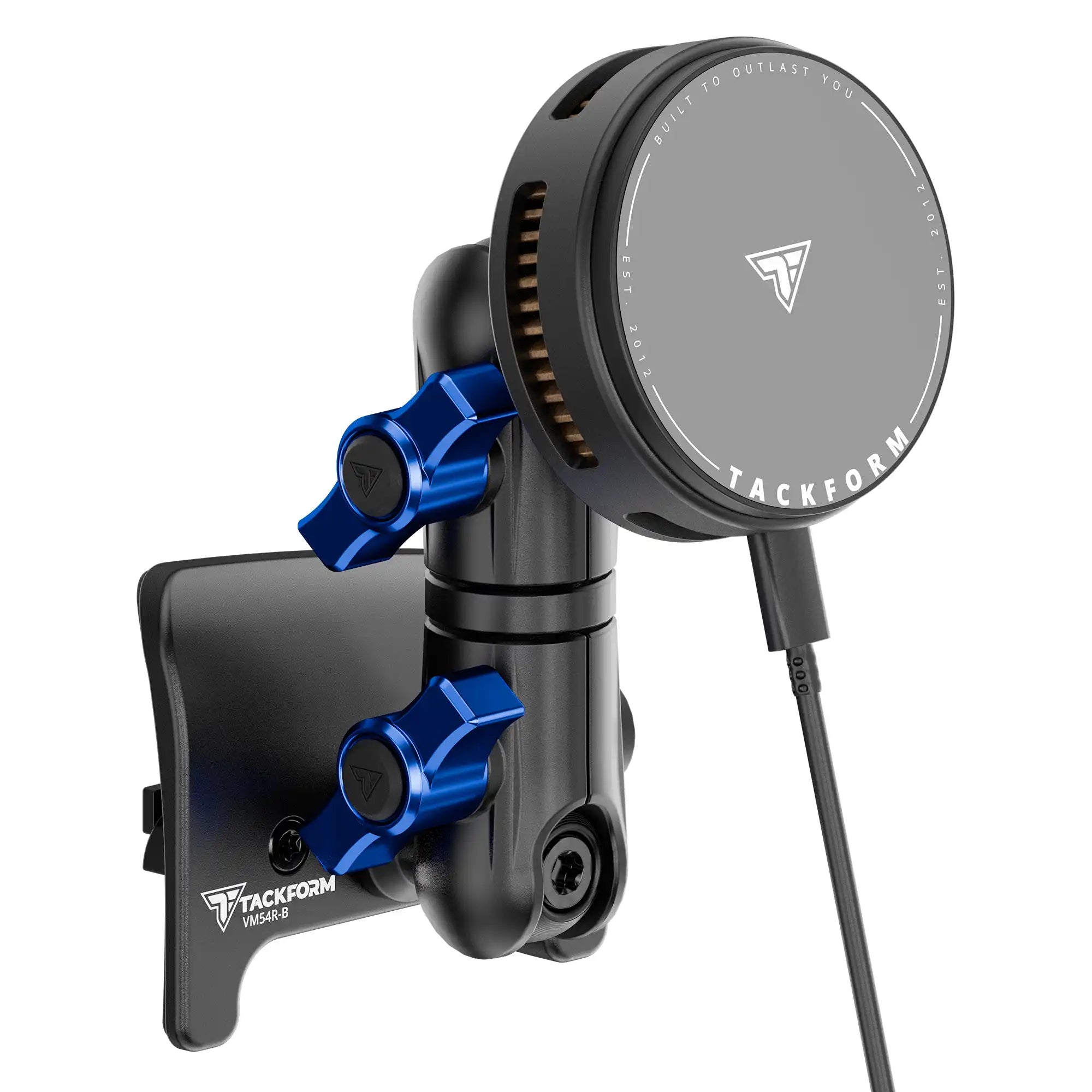Product image of black 25W Qi Wireless Charging Toyota Tacoma Phone Mount active cooling and blue billet knobs