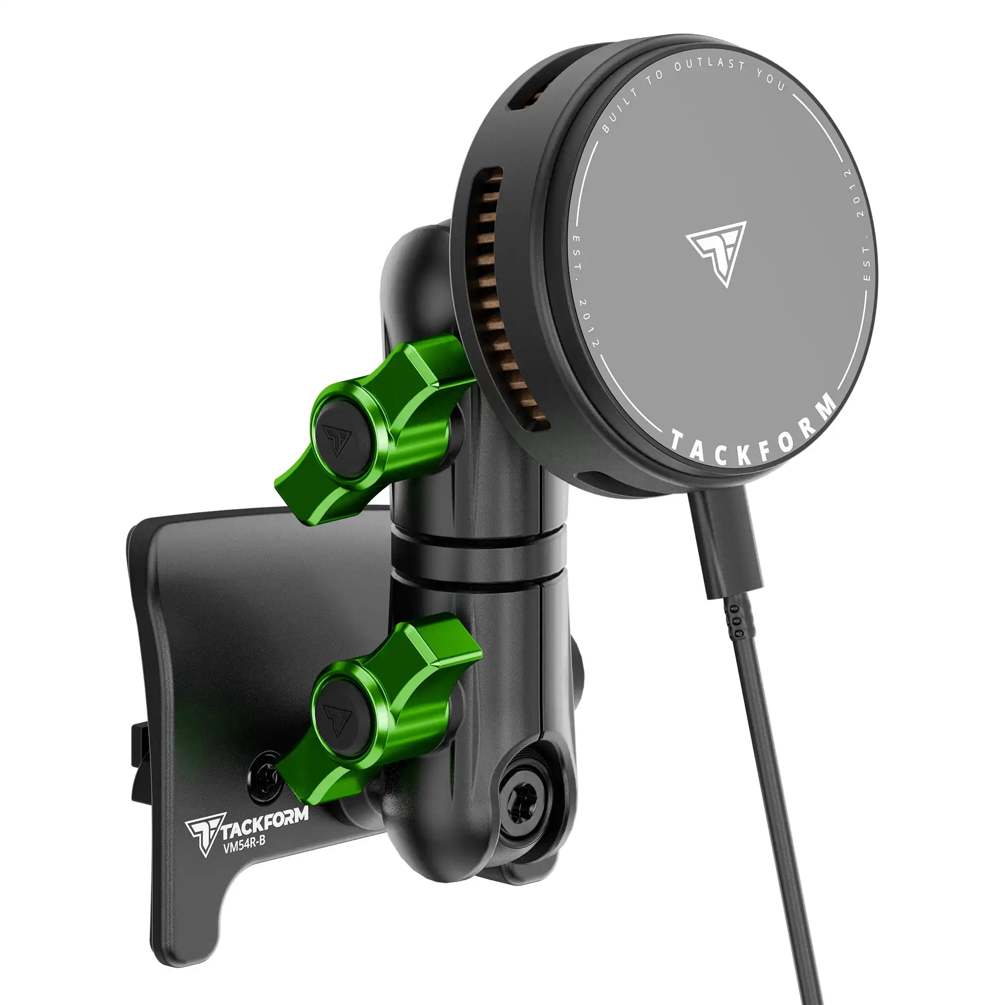 Product image of black 25W Qi Wireless Charging Toyota Tacoma Phone Mount active cooling and green billet knobs