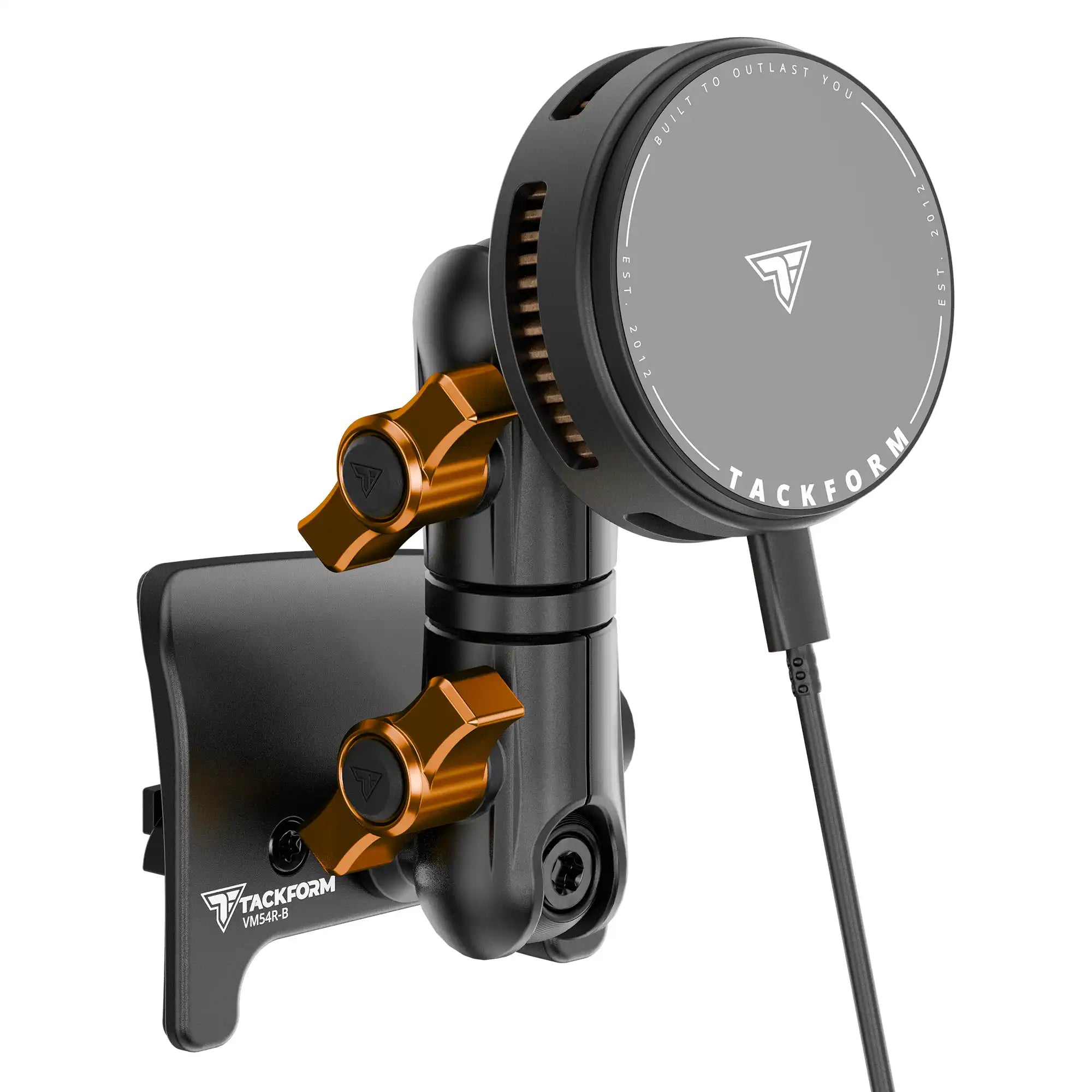 Product image of black 25W Qi Wireless Charging Toyota Tacoma Phone Mount active cooling and orange billet knobs