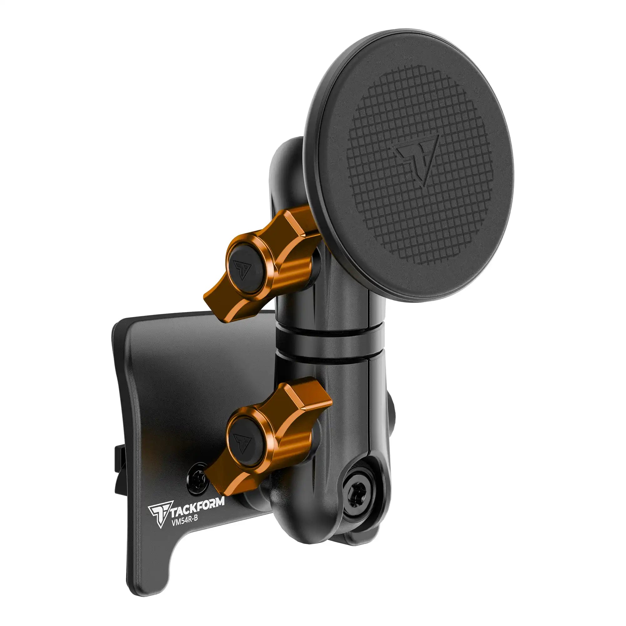Product image of black Tacoma Phone Mount with iPhone MagSafe magnetic phone holder and orange billet knobs