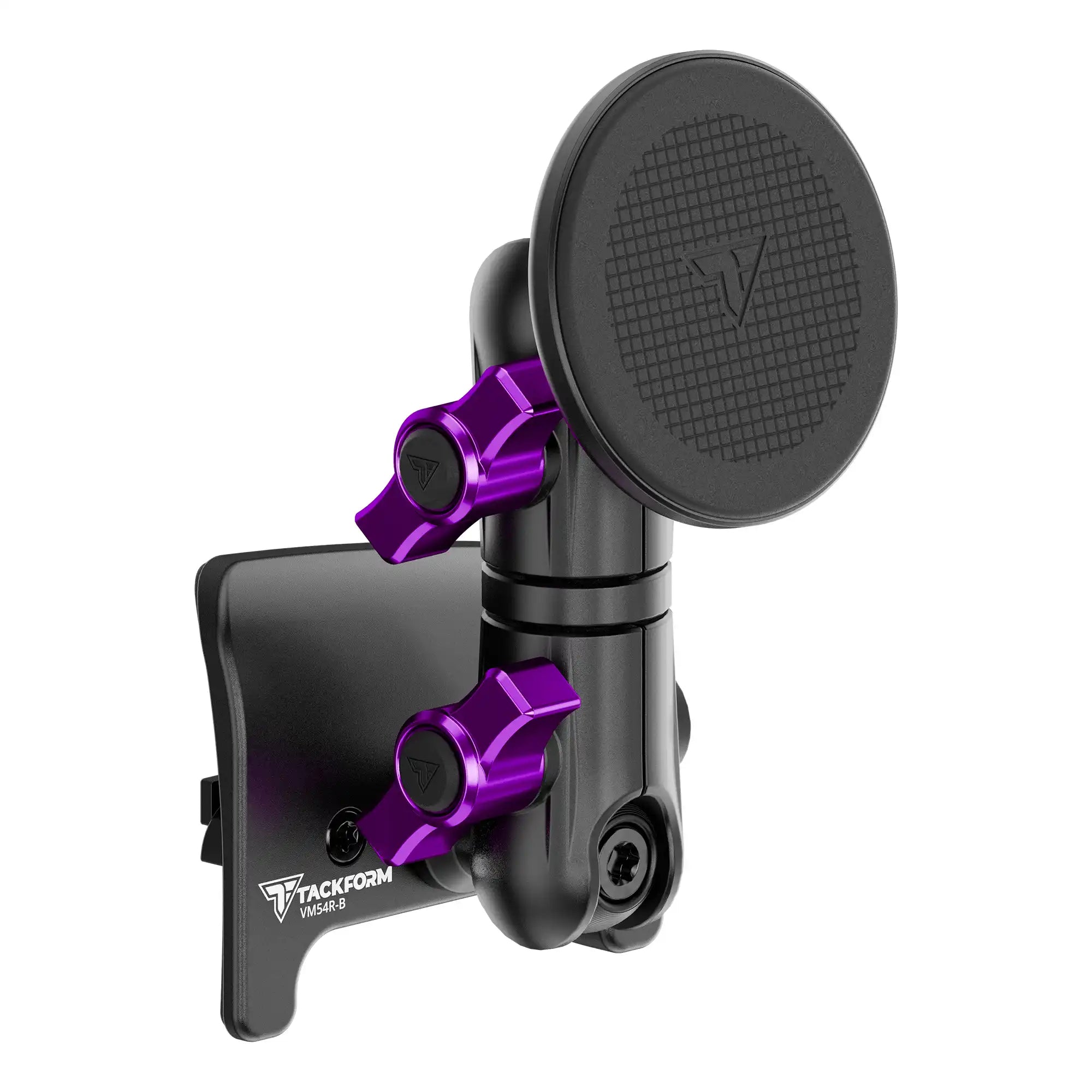 Product image of black Tacoma Phone Mount with iPhone MagSafe magnetic phone holder and purple billet knobs