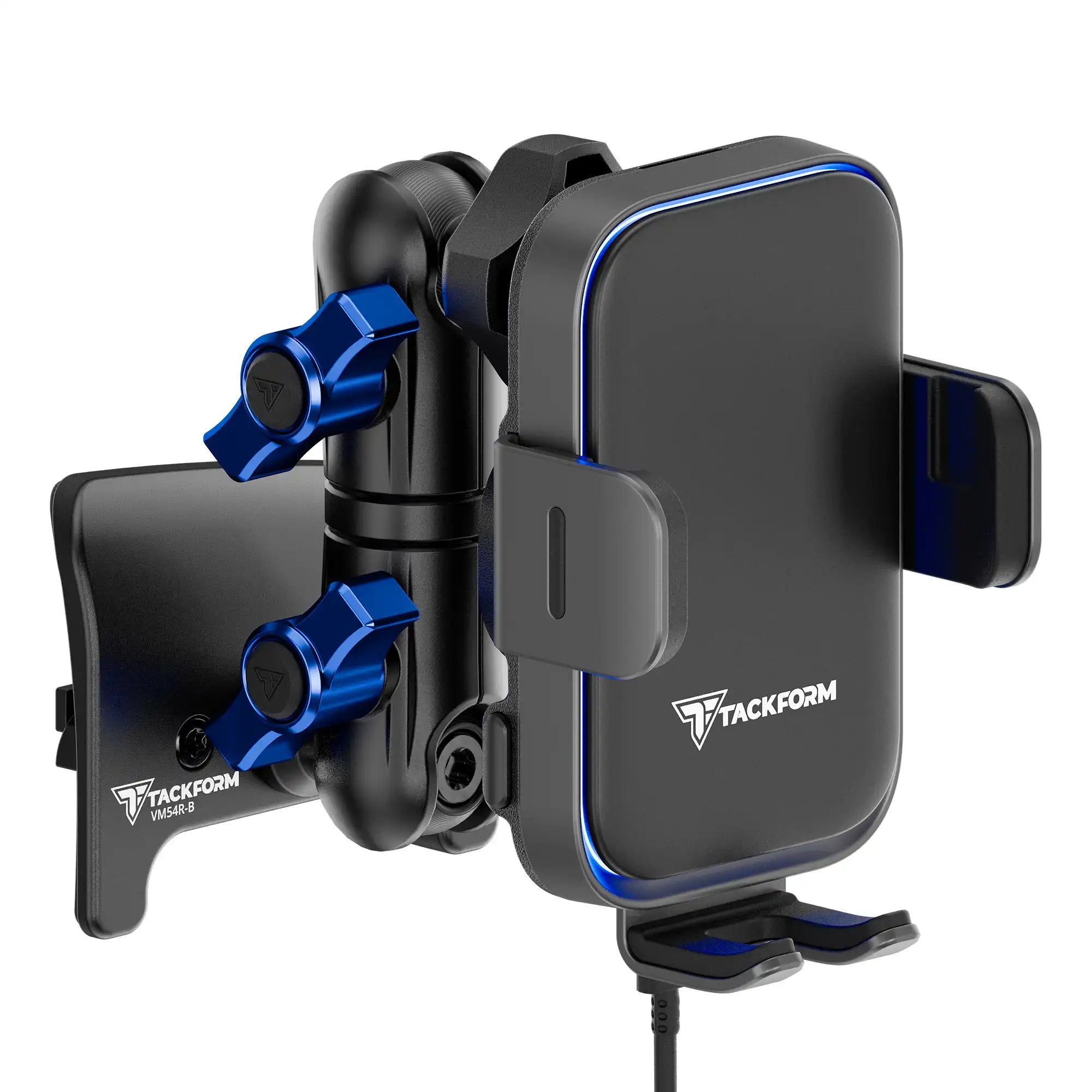 Product image of black Tacoma Phone Mount with Qi Wireless Charging Cradle and Customizable LED Accent Light with Blue Billet Knobs