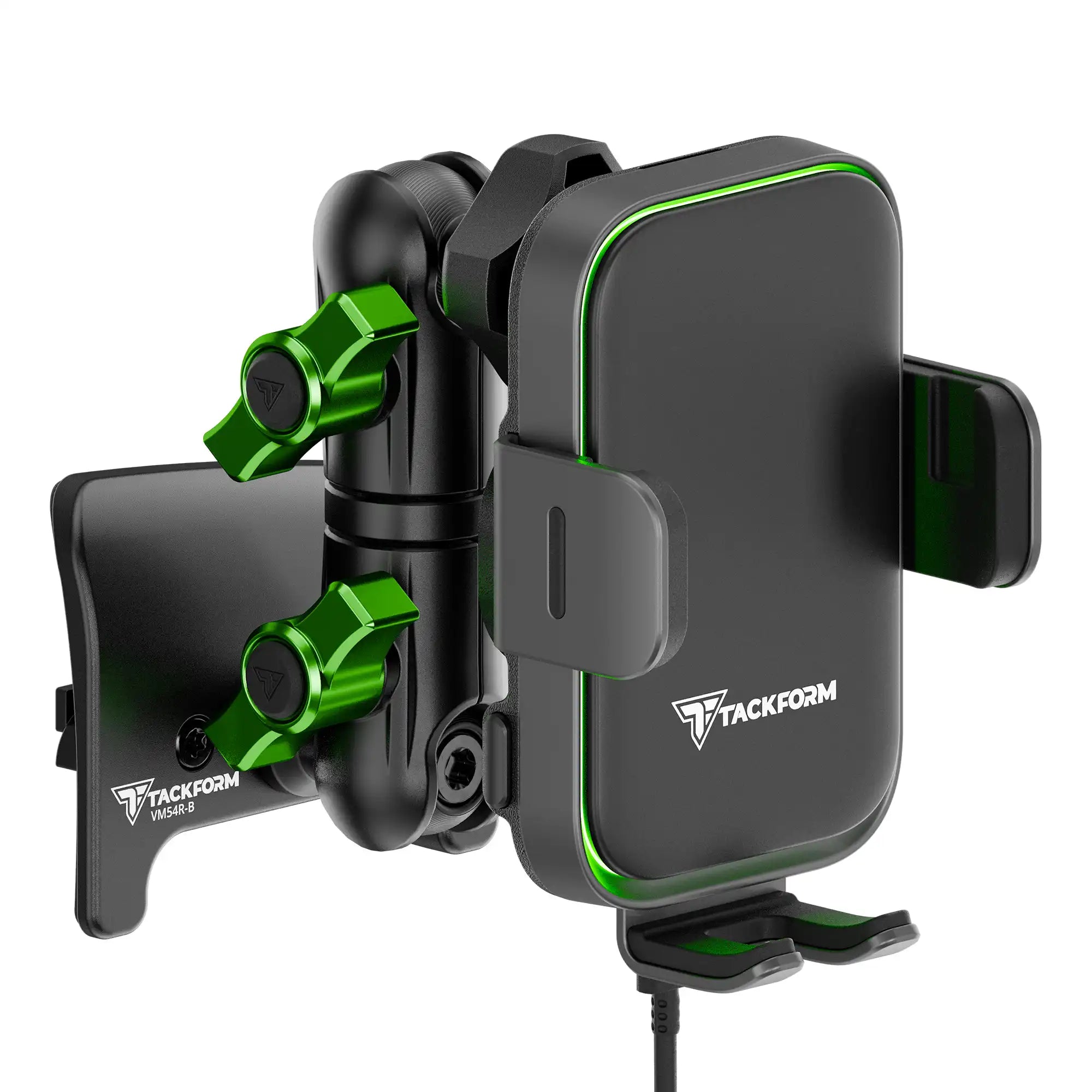 Product image of black Tacoma Phone Mount with Qi Wireless Charging Cradle and Customizable LED Accent Light with Green Billet Knobs