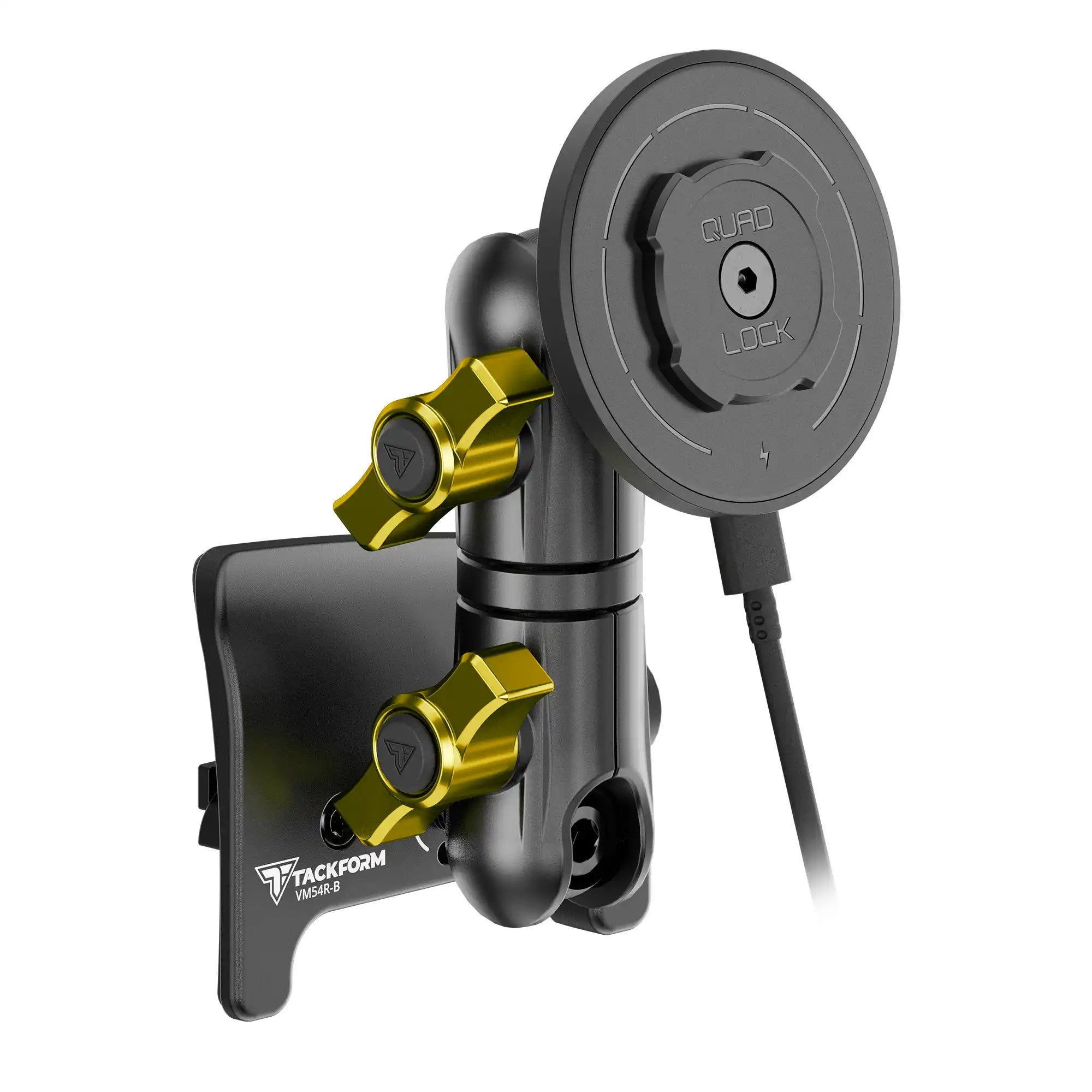 Product image of black Tacoma Phone Mount with Quad Lock MAG charging head and yellow billet knobs